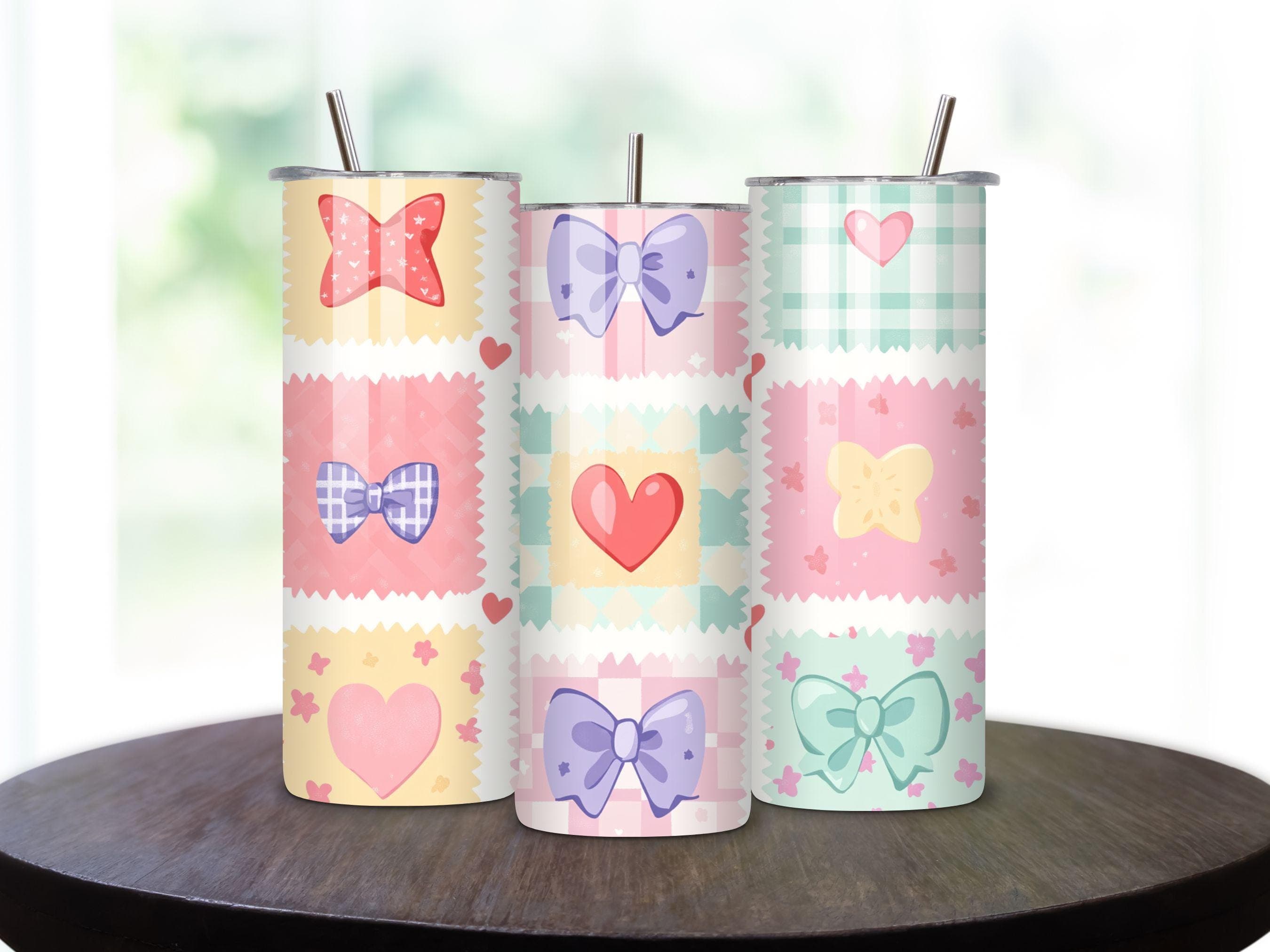 Coquette Tumbler Wrap - Coquette Sublimation - 20 oz Skinny Tumbler - 3D Coquette PNG pink bows - Plaid Coquette - Girly Ribbon Aesthetic - image 3
