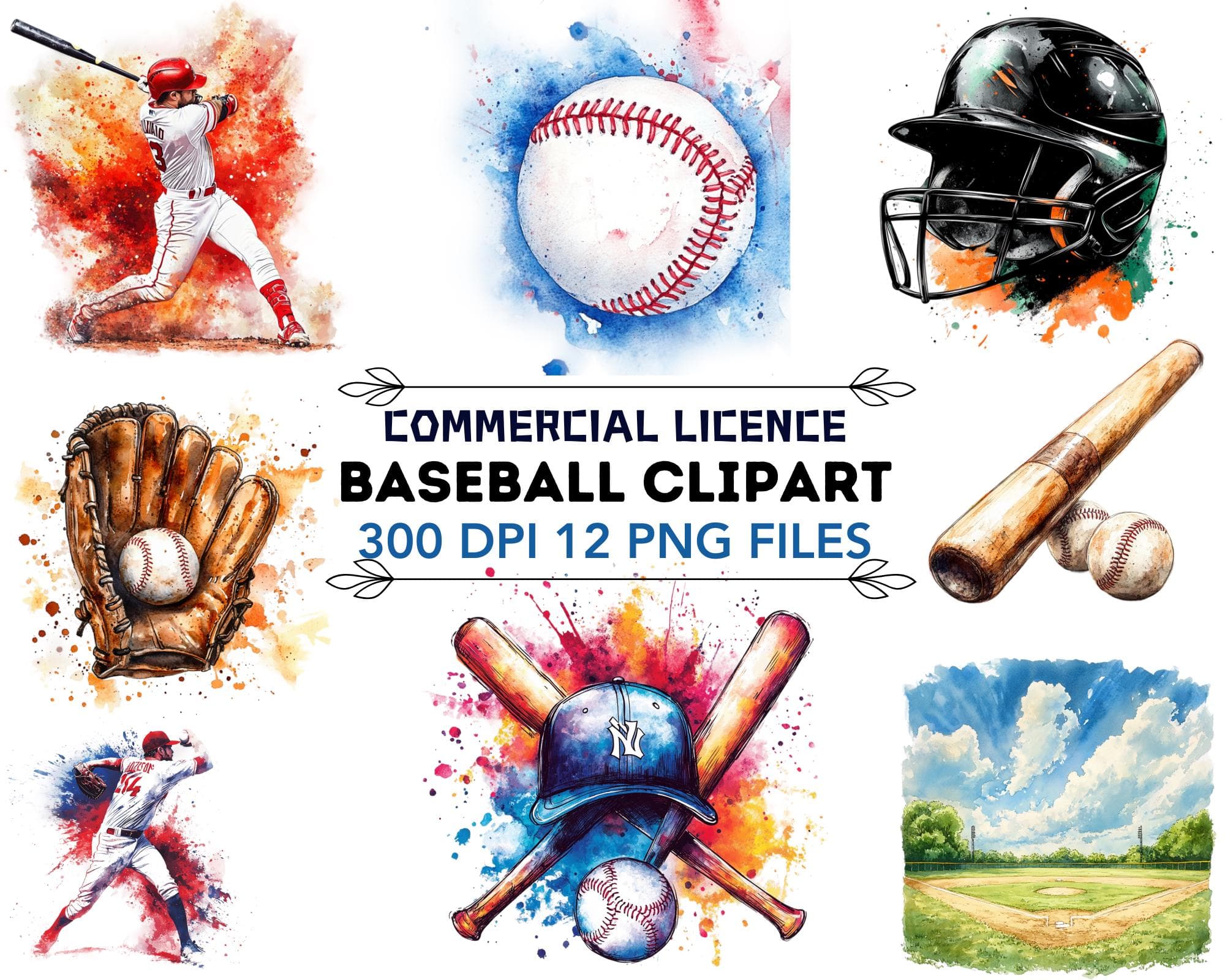 Baseball Clipart Bundle Sports Clipart Baseball Graphics Watercolor Clipart Softball PNG Digital Download