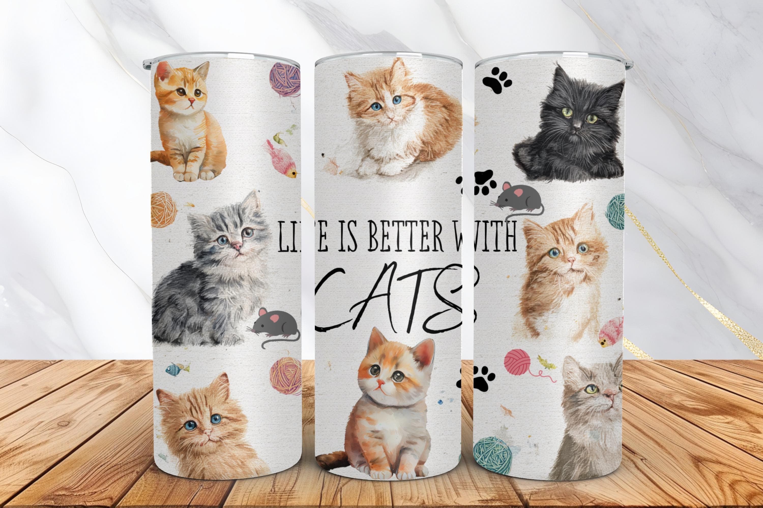 Cute Cat Tumbler Wrap PNG -20oz Skinny Tumbler Sublimation Design -Life is Better with Cats -Digital Download for Drinkware