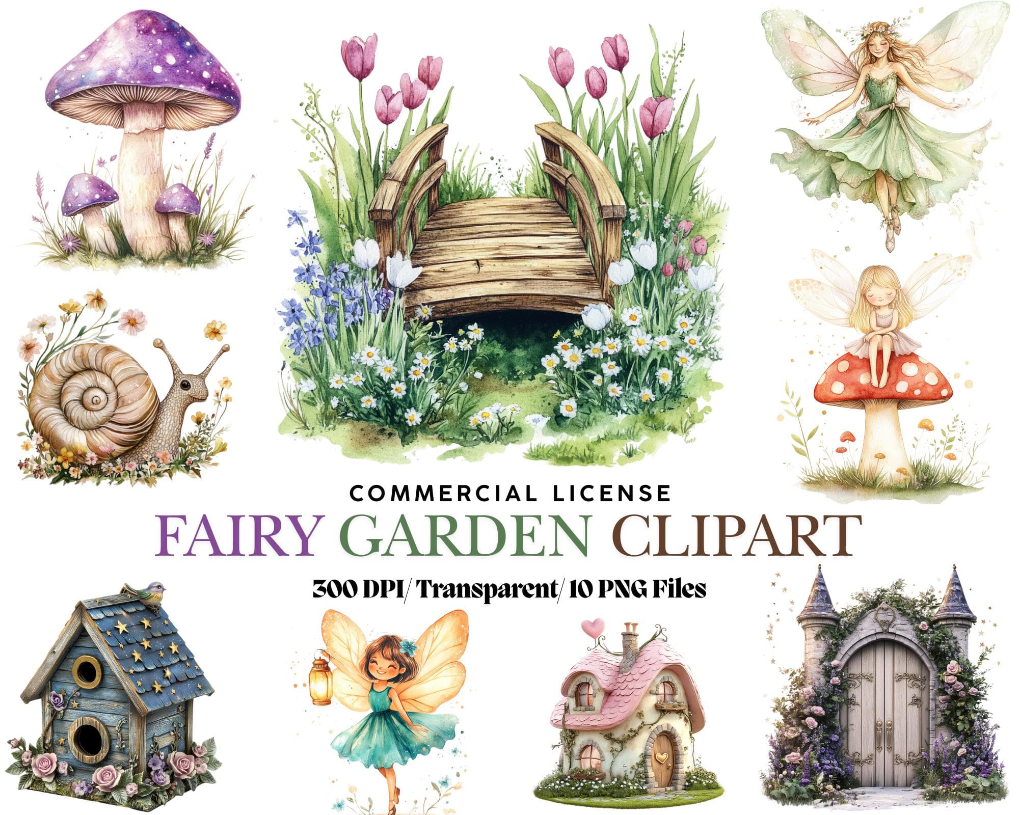 Watercolor magical garden pink fairies clipart Bundle, Cute fantasy forest fairy first birthday clipart, Fairytale fantasy fairy house png