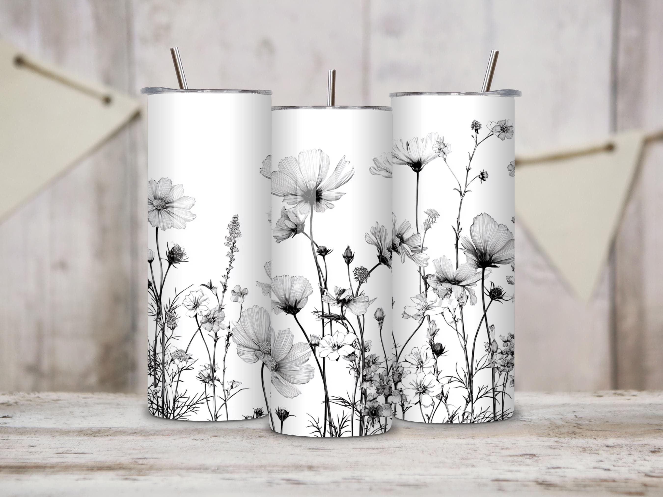 Black and White Wildflowers Tumbler Wrap -20oz Skinny Tumbler Sublimation Design -Tumbler Wrap PNG -Digital Download - image 3