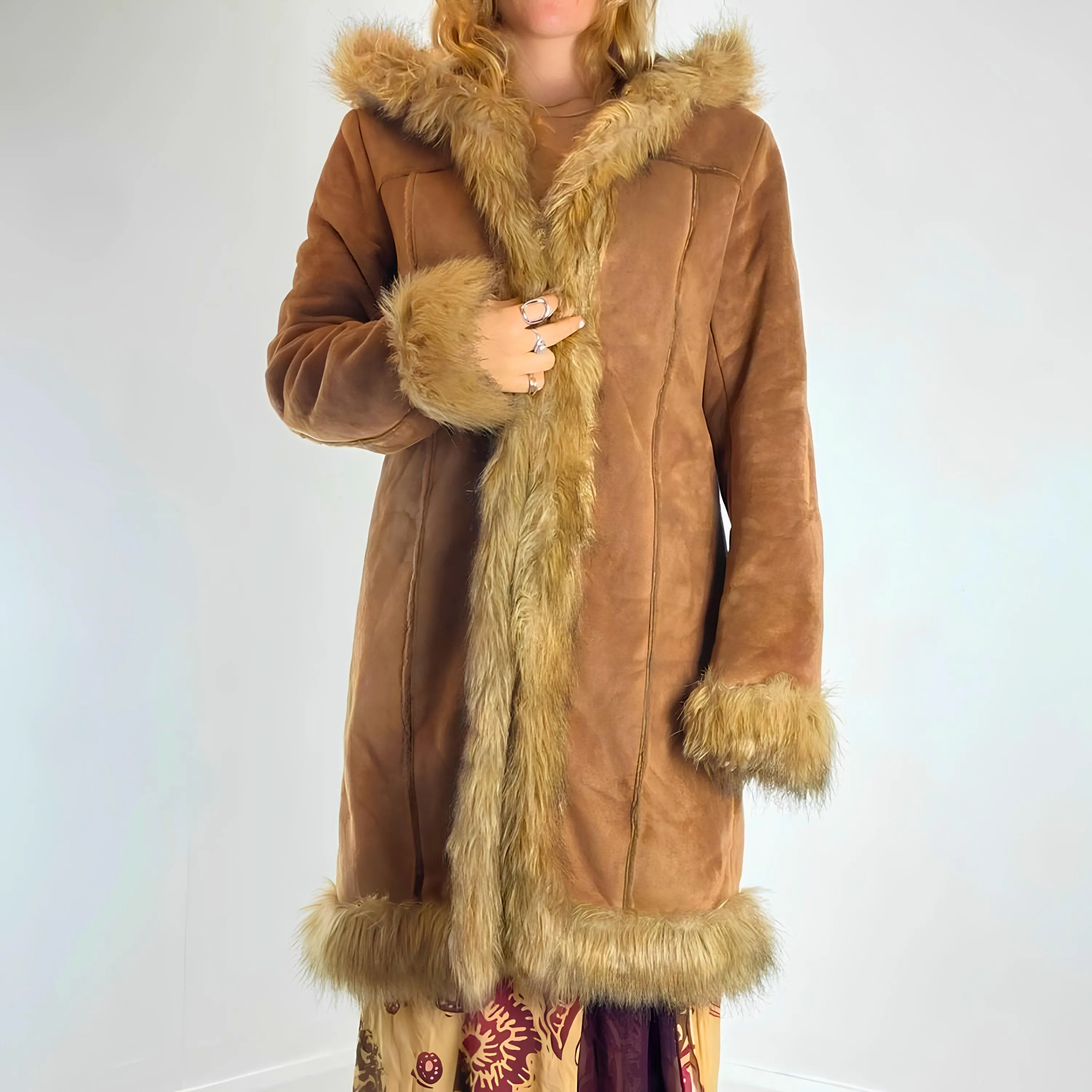 Women Brown Suede Leather Penny Lane Coat - Sheepskin Suede Faux Shearling Hooded Coat - Vintage 70 Bohemian Afghan Coat - Winter Gift