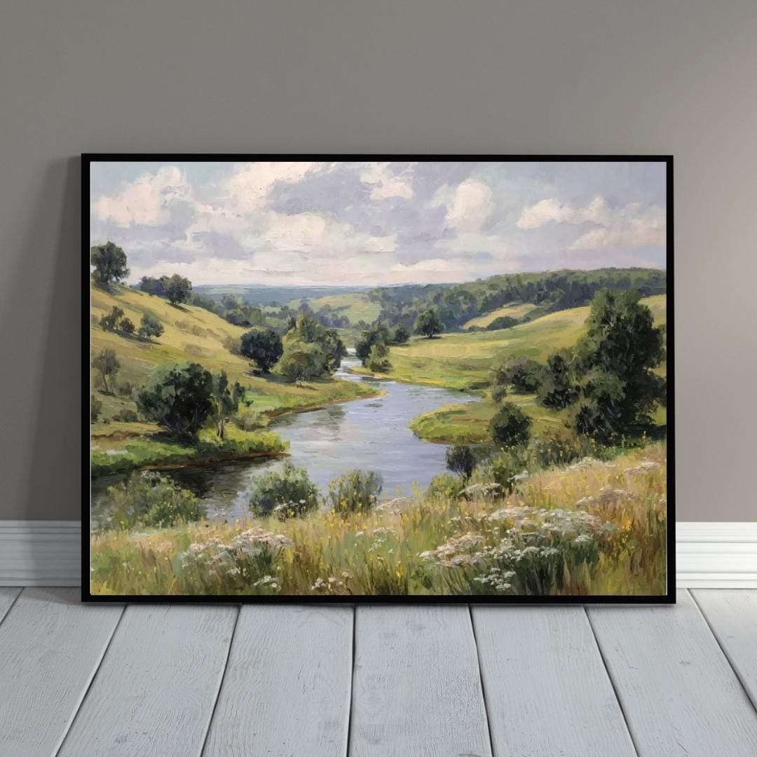 Countryside River Landscape Print -Wildflower Meadow Nature Wall Art -Rustic Cottagecore Decor -Printable Digital Download