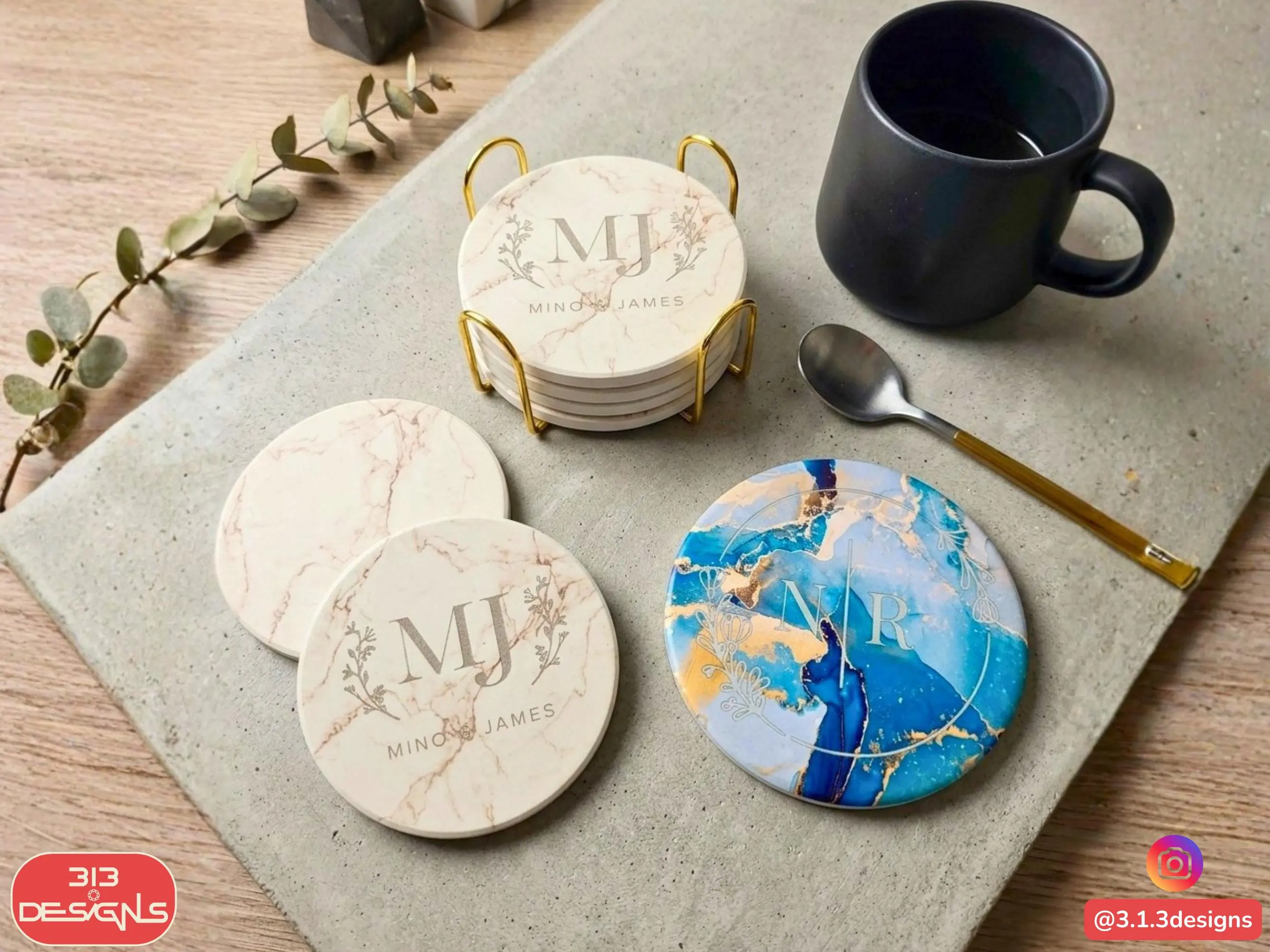 Personalized Engraved Ceramic Coasters Kitchen Gift Idea Custom  Wedding Present Anniversary Custom Hostess Gift Set of 6 with stand - image 4