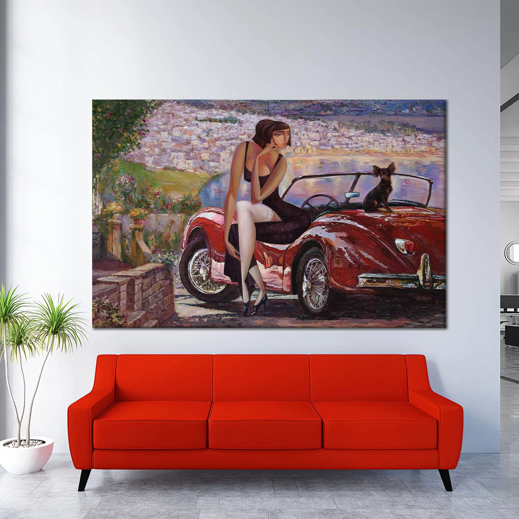 Woman Canvas Art, Girl Art Decor, Red Car Canvas, Car Lover Gift, Girl Room Decor, Girl with Cat Art, Cat Lover Gift, Girl And Cat,