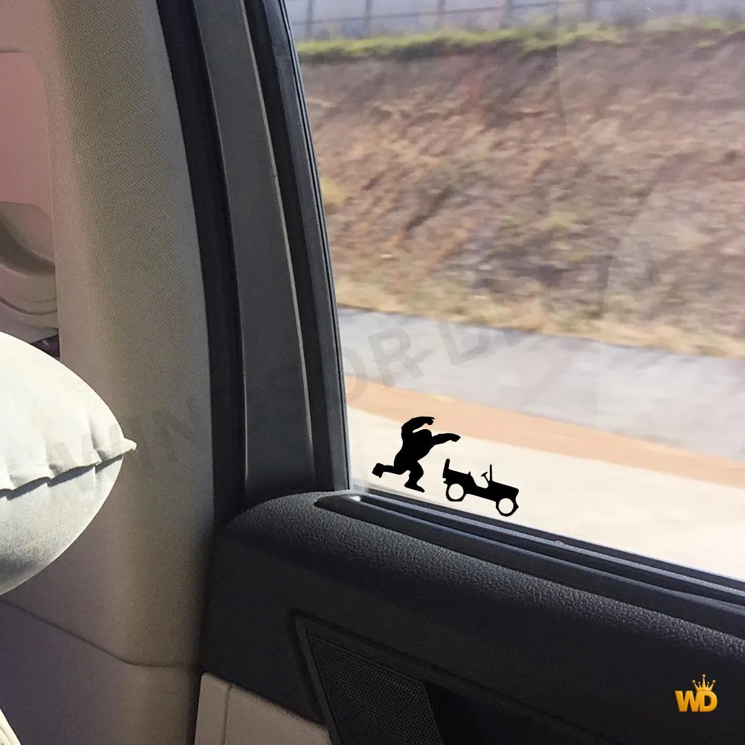 Bigfoot Chasing Off-Road Vehicle Vinyl Decal, Sasquatch Adventure Sticker (2" Max Size) - image 3