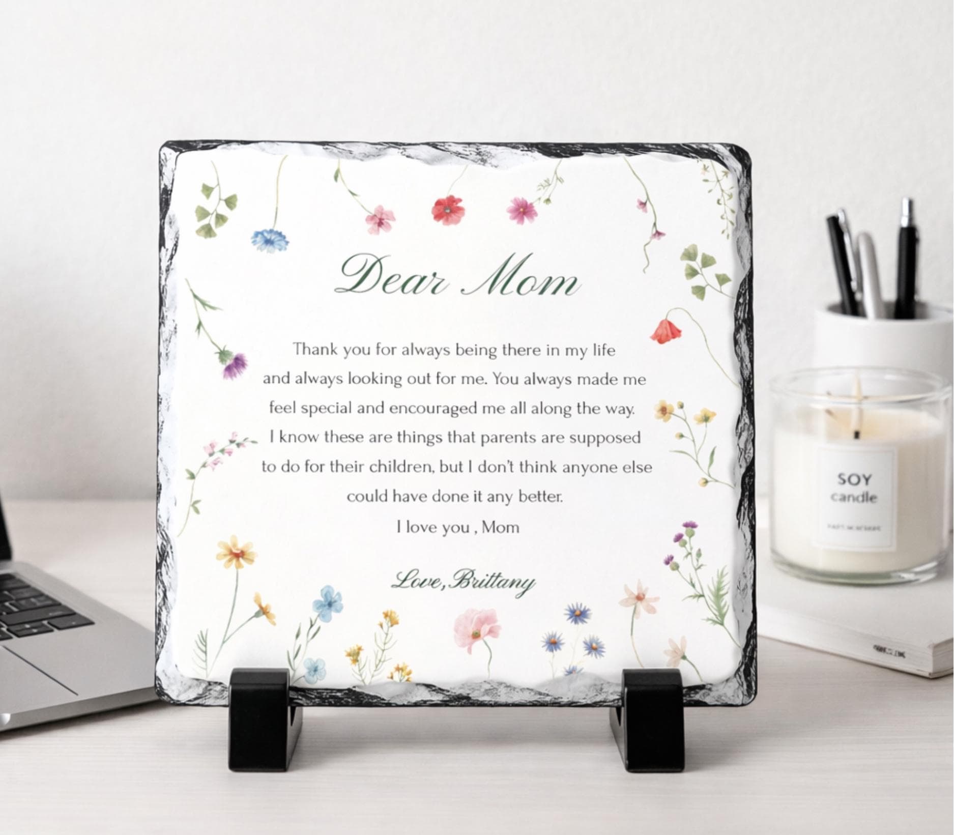 Personalized Thank You Mom Stone Plaque With Stand-Natural Slate Keepsake (5.5" x 5.9")-Gratitude -Things for Mom From Daughter & Son- Kids - image 2