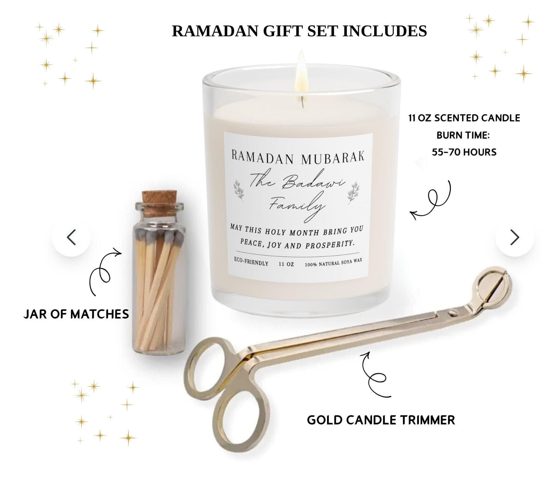 Personalized Ramadan Mubarak Candle Gift Set-Custom Name Islamic Gifts For Family- Friends- Muslim Gift Box-Soy Candle, Trimmer & Matches - image 3