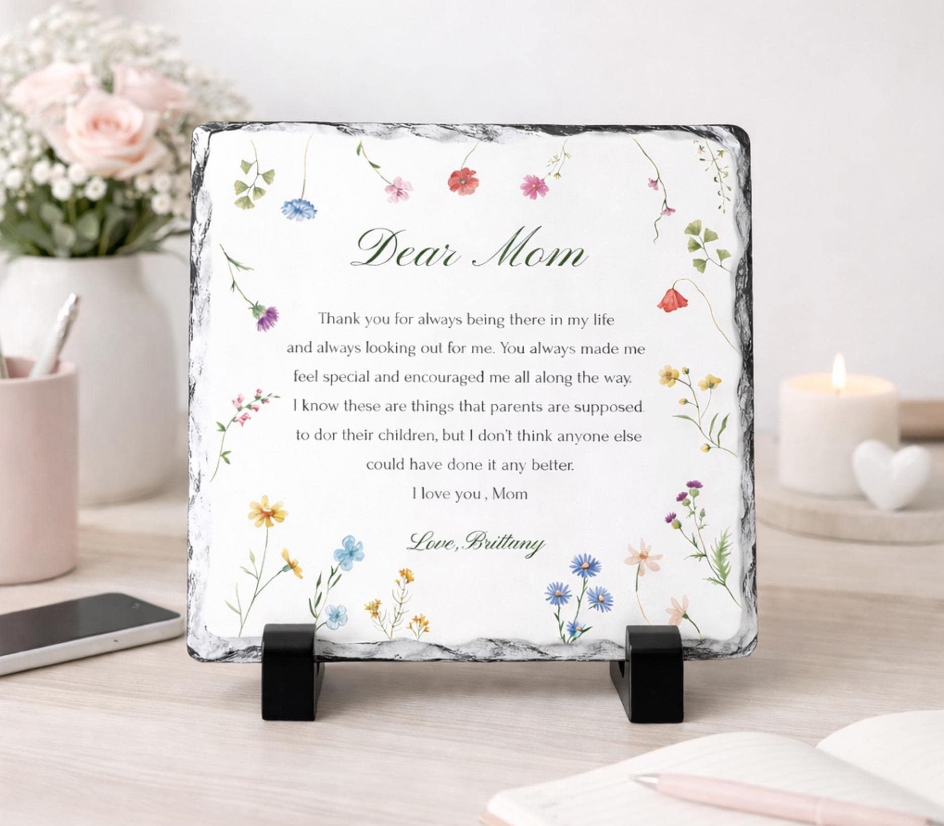 Personalized Thank You Mom Stone Plaque With Stand-Natural Slate Keepsake (5.5" x 5.9")-Gratitude -Things for Mom From Daughter & Son- Kids