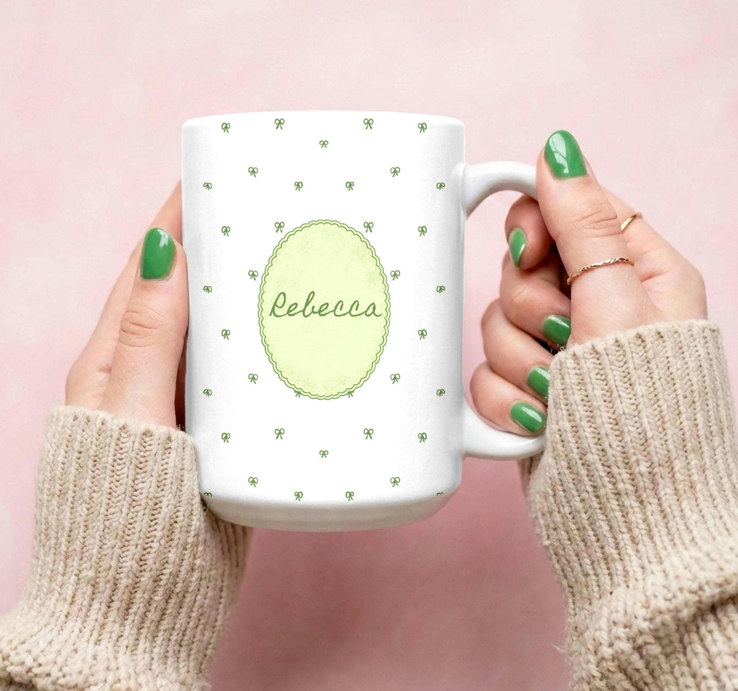 Personalized Ceramic Mug – Custom Name Coffee Cup, Bridesmaid Gift, Coquette Bow Design-Present For Women-Best Friend-Wife-Mug With Name