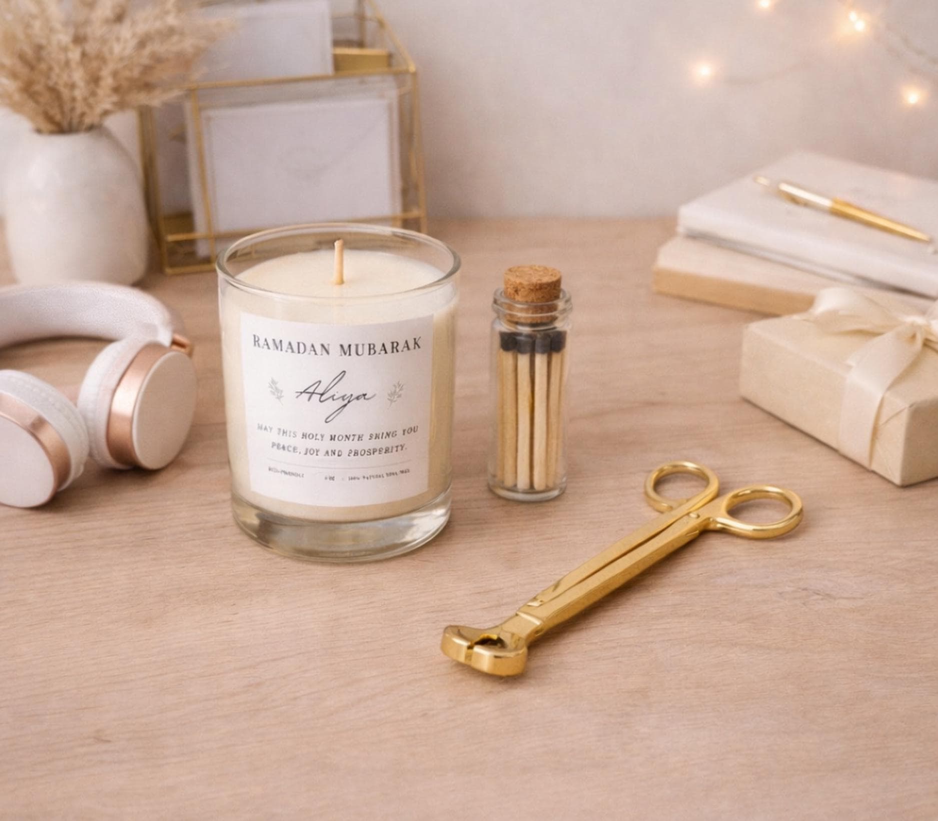 Personalized Ramadan Mubarak Candle Gift Set-Custom Name Islamic Gifts For Family- Friends- Muslim Gift Box-Soy Candle, Trimmer & Matches - image 4
