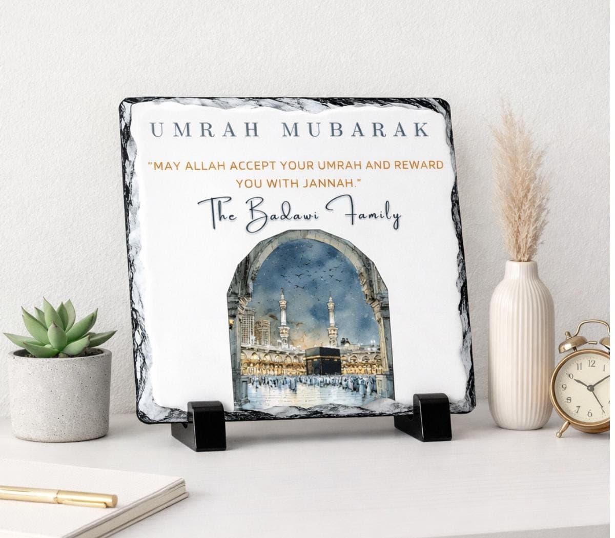 Personalized Umrah & Hajj Mubarak Stone Plaque -Custom Name Umrah Hajj Gifts For Family- Islamic Couple-Family-Friends-Women-Kaaba-Mecca
