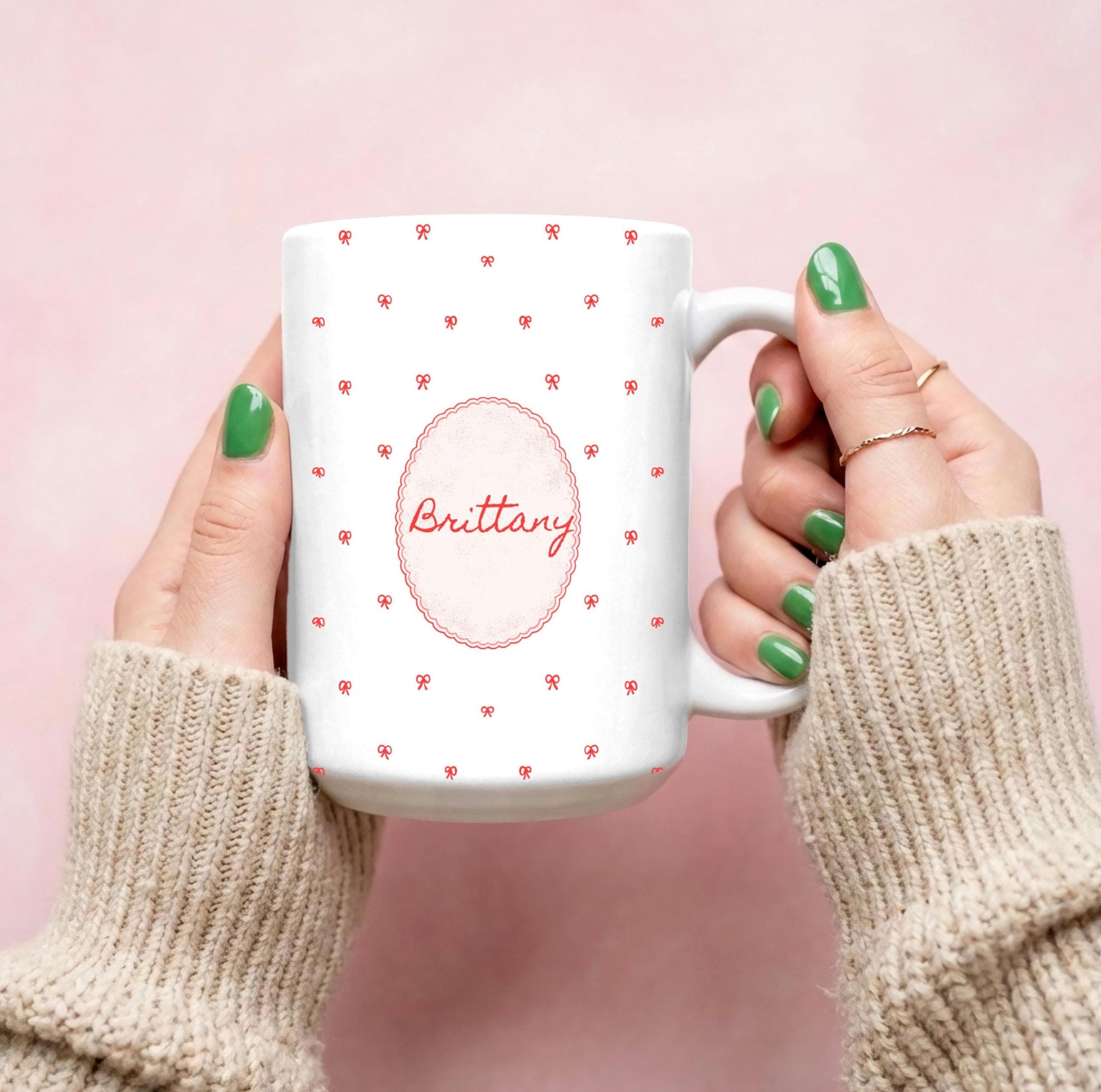 Personalized Ceramic Name Mug – Custom Coffee Cup, Bridesmaid Proposal Gift,Mugs For Women-Her-Teen Girls-Friends-Coquette Bow-Colorful Mugs