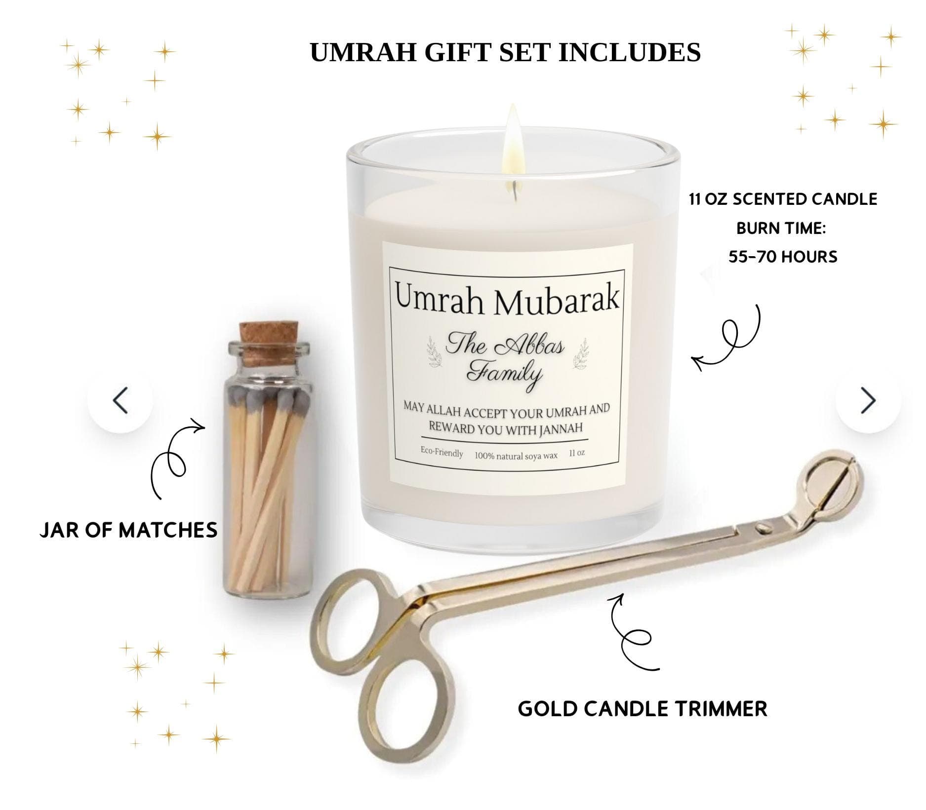 Personalized Umrah & Hajj Mubarak Gift Set-Umrah Gift Box For Women-Men-Adult-Family-Muslim Items-Customized Islamic Basket- Soy Candle - image 3