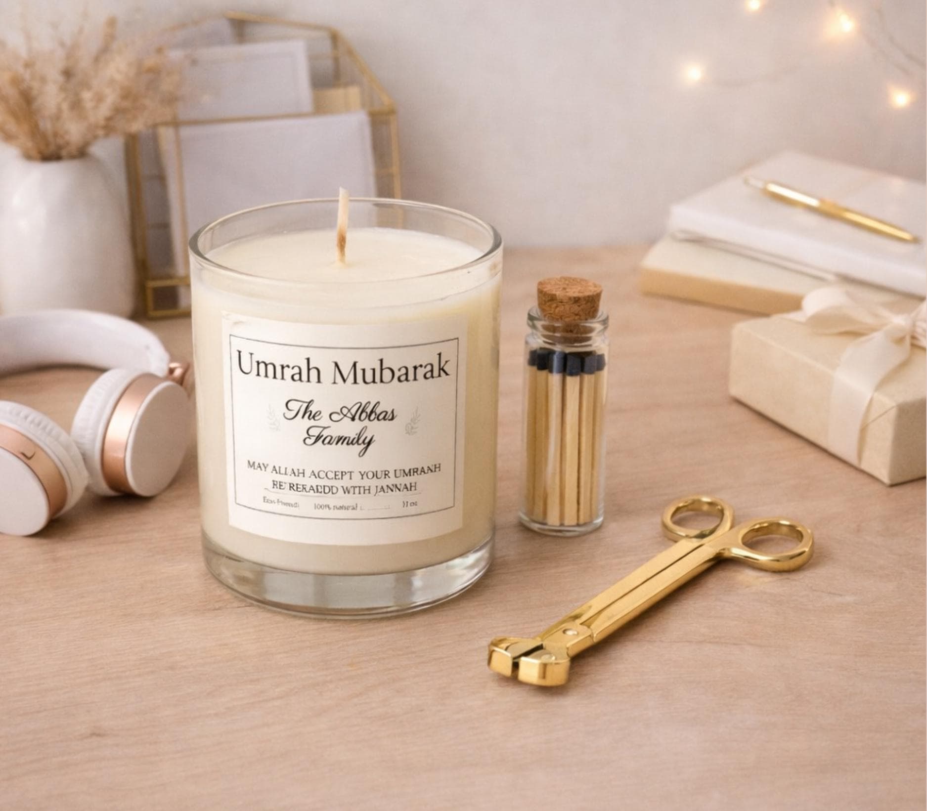 Personalized Umrah & Hajj Mubarak Gift Set-Umrah Gift Box For Women-Men-Adult-Family-Muslim Items-Customized Islamic Basket- Soy Candle - image 5