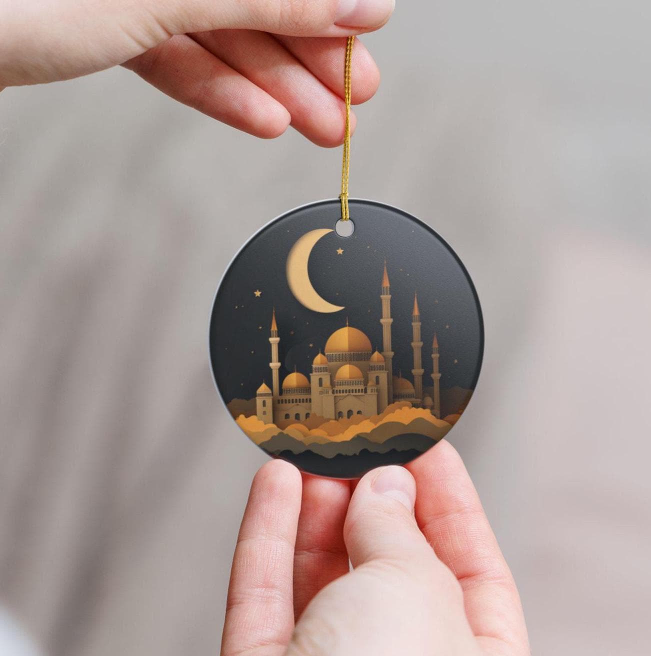 Ramadan Ornament Ceramic Ornament -Double-Sided Print-Ramadan Decoration-Eid Mubarak-Ramadan Kareem-Muslim Home Decor-Mosque-Crescent Moon