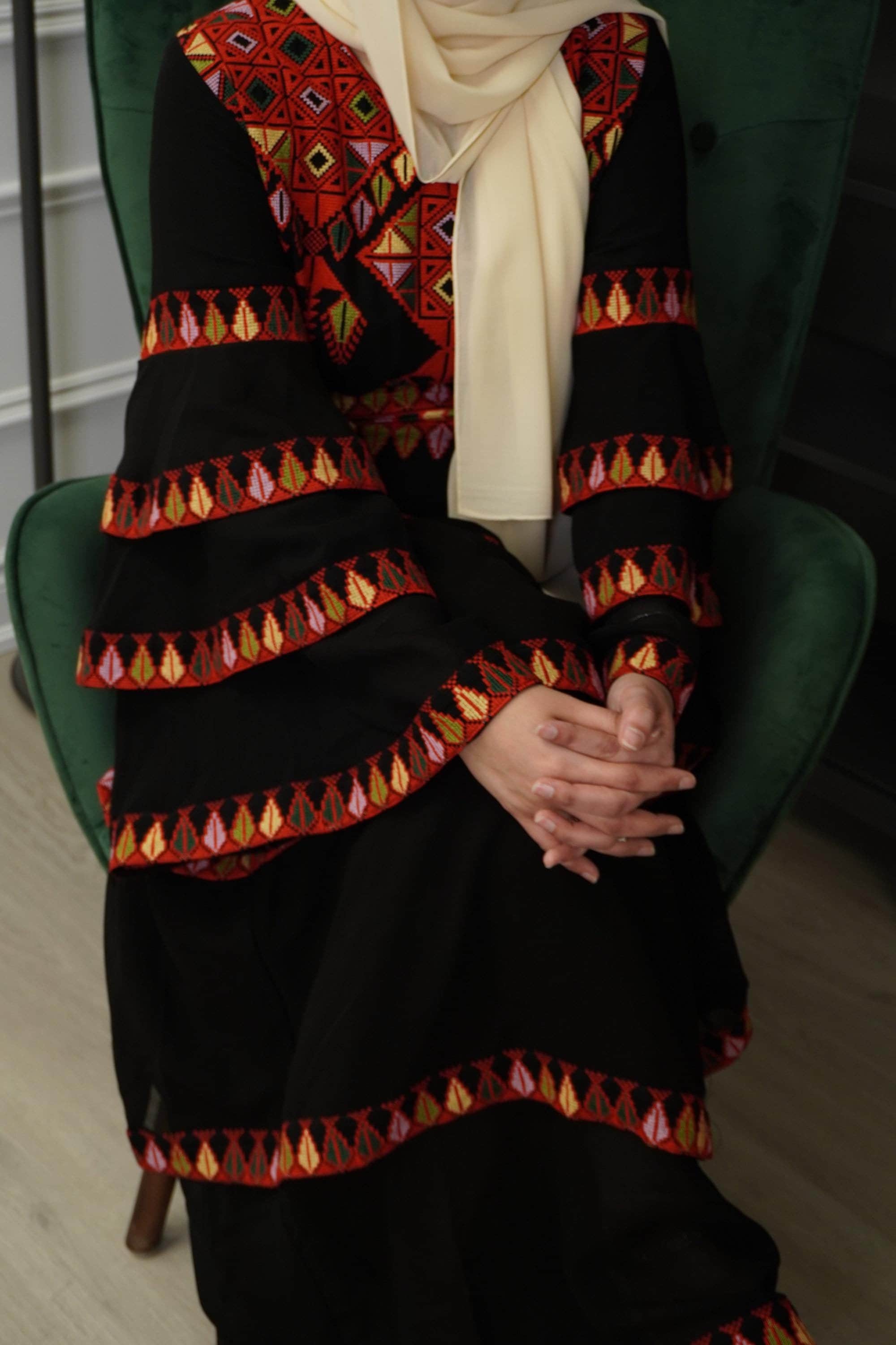 The Modern Red Tatreez Embroidered Layered Ruffles Palestinian Thobe