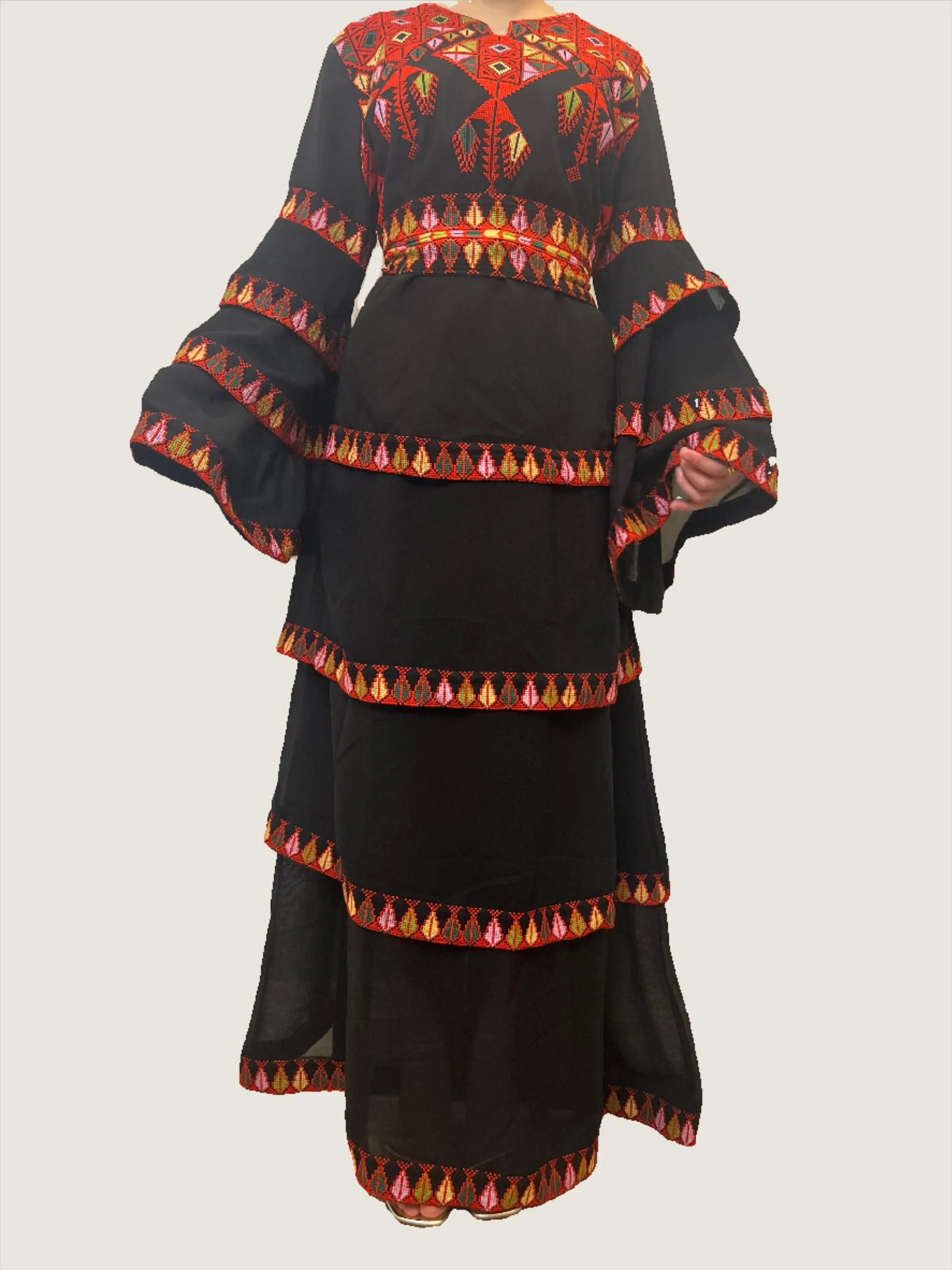The Modern Red Tatreez Embroidered Layered Ruffles Palestinian Thobe - image 3