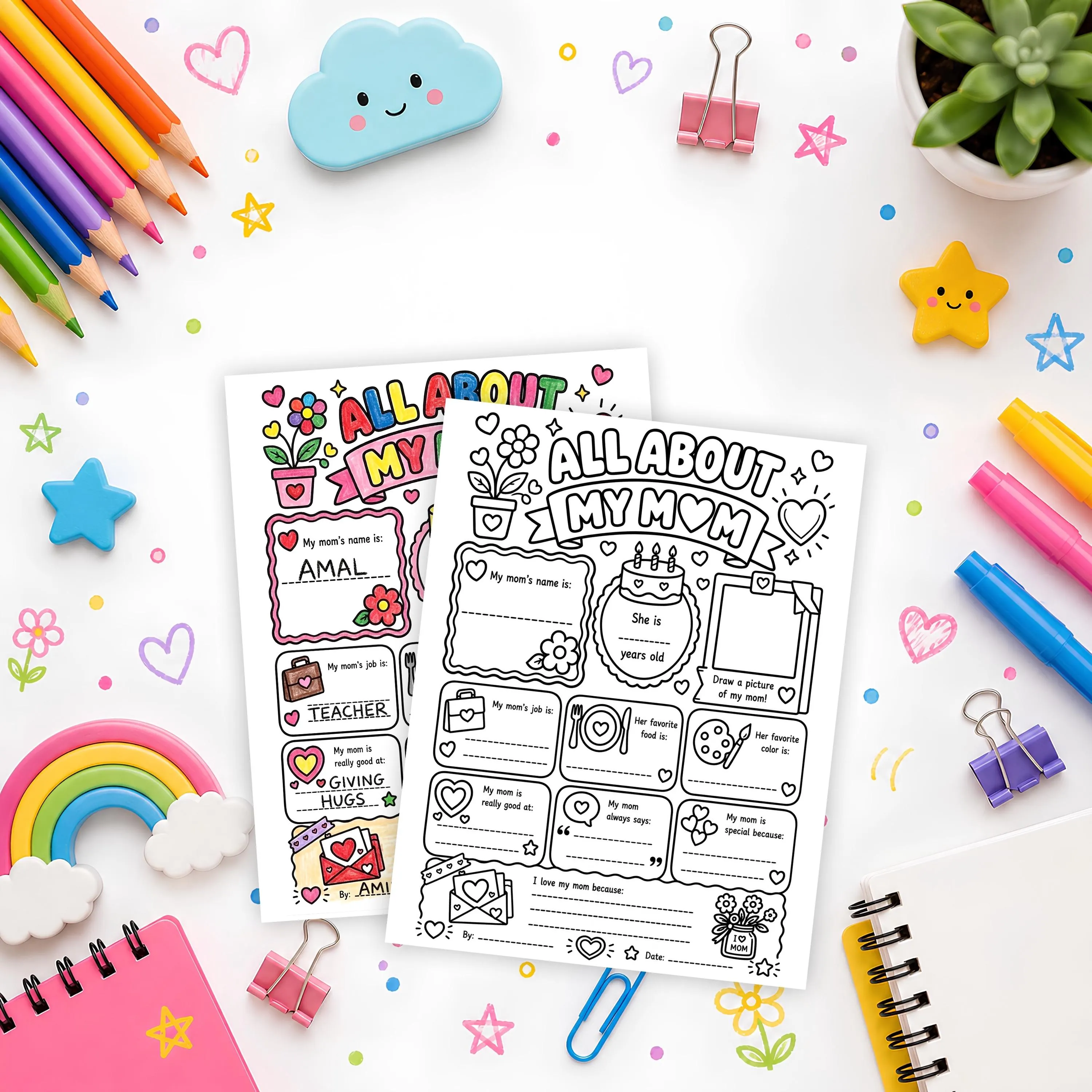 All About My Mom printable pages styled mockup with colorful school supplies and creative background
