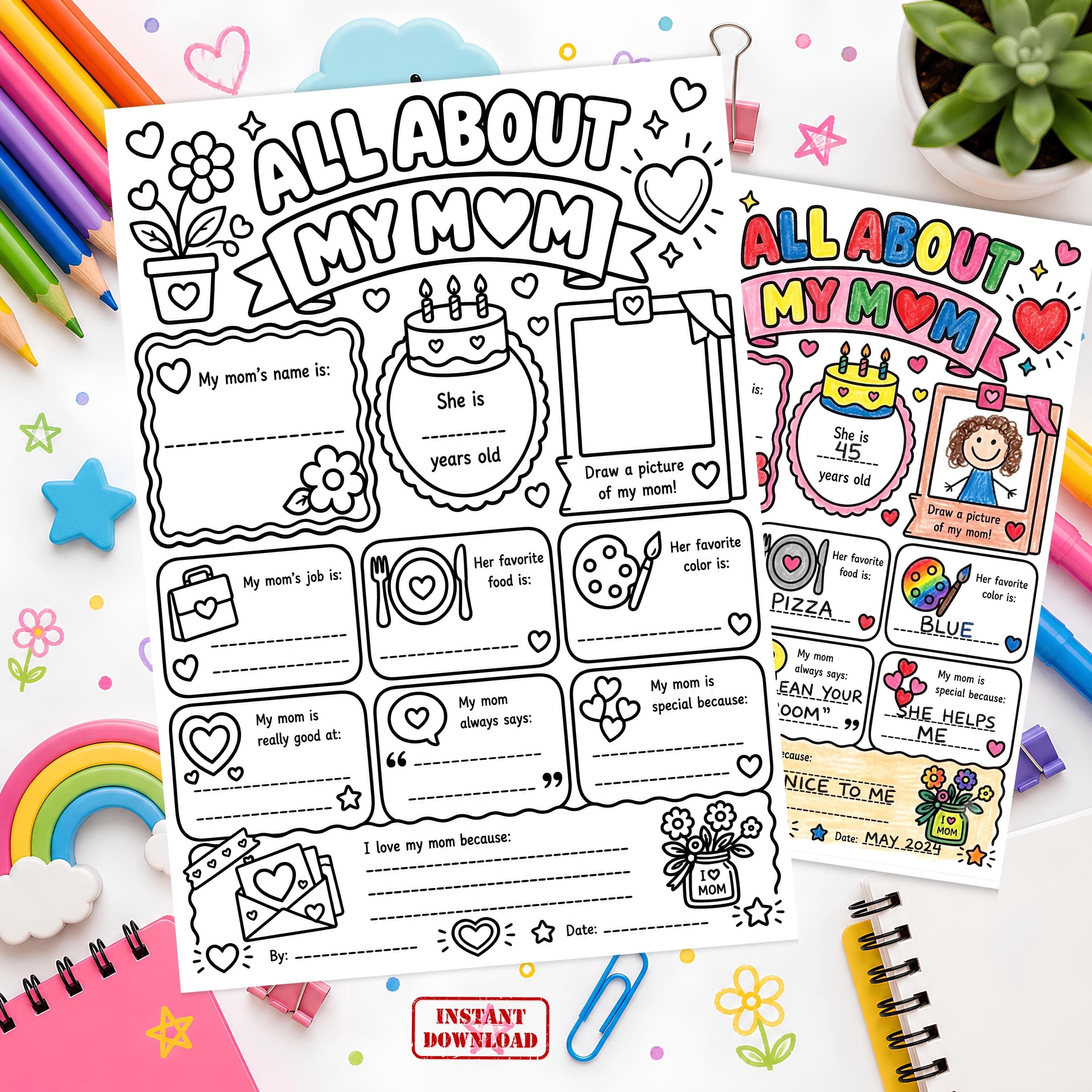 All About My Mom printable worksheet with kids coloring design and fun questions for Mother’s Day activity