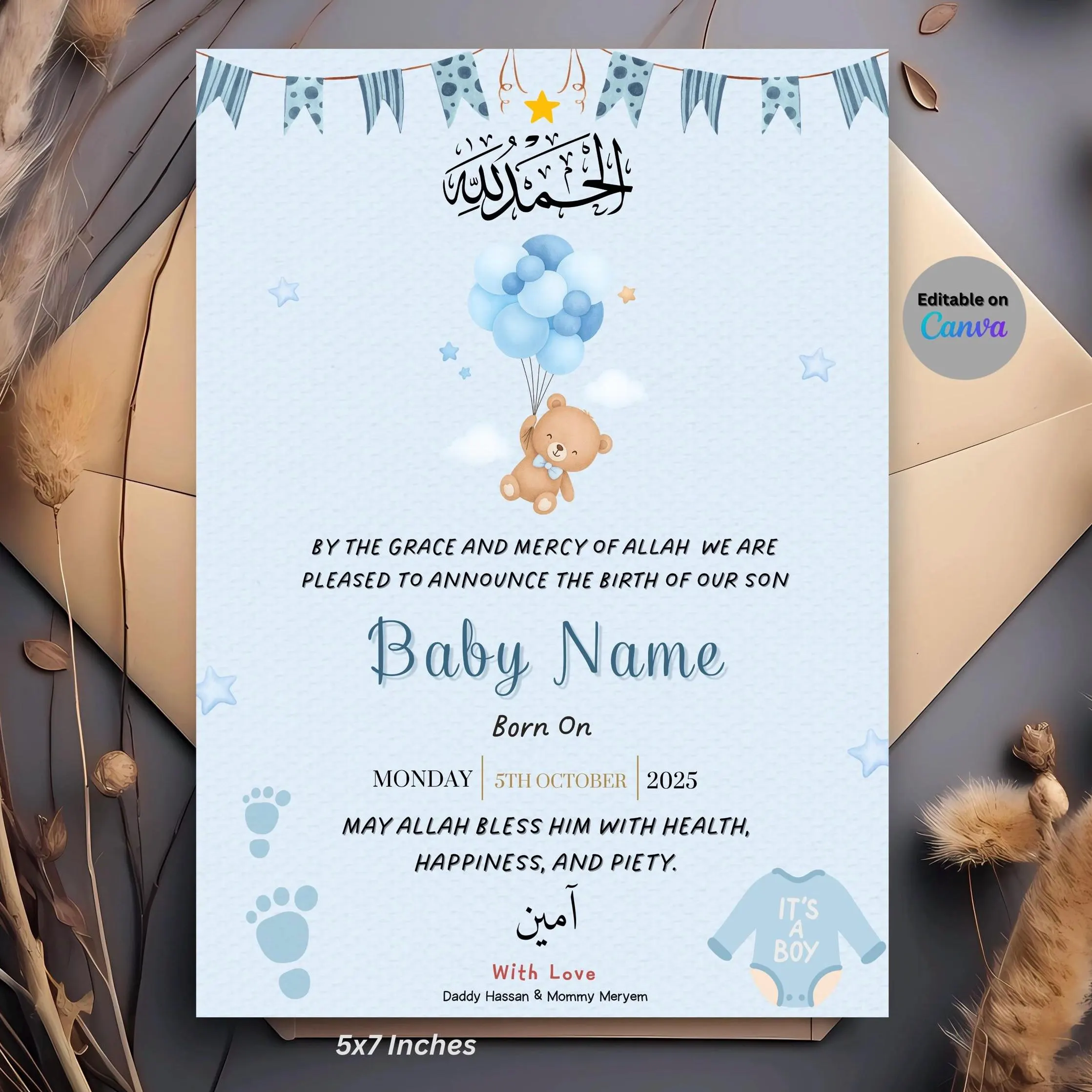 Muslim Birth Card Baby Boy, islamic Newborn, editable on Canva, Instant Dowload