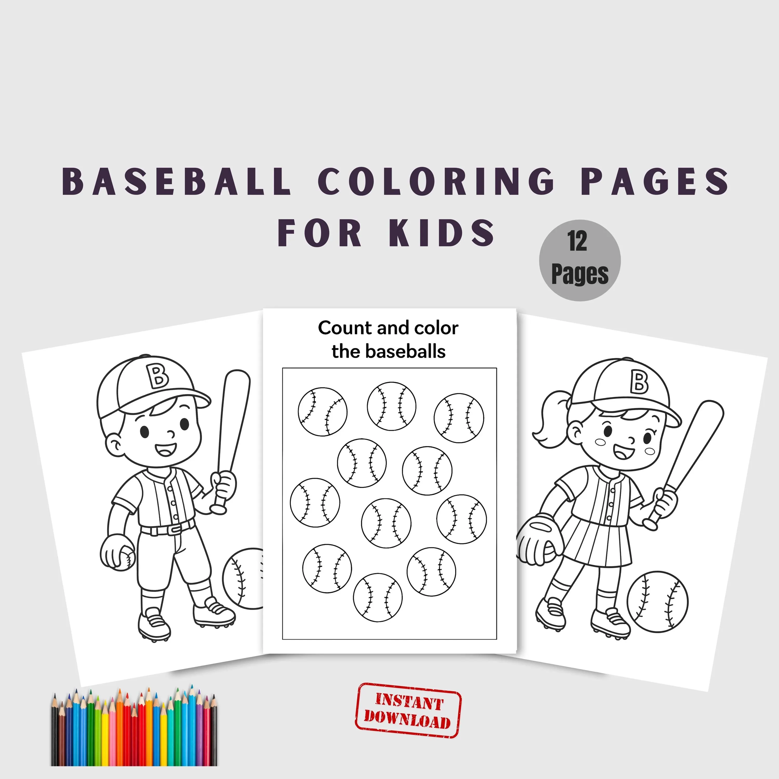 Baseball Coloring Pages for Kids, 12 Rookie 1st Birthday Party, Instant Download PDF - image 4