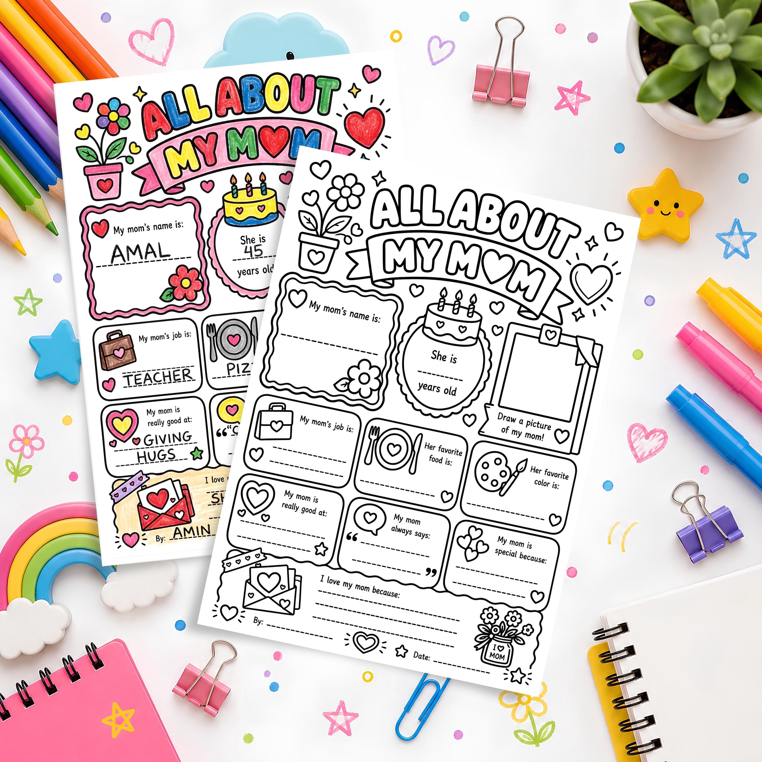 Bundle of All About My Mom worksheets printable kids activity Mother’s Day keepsake gift idea