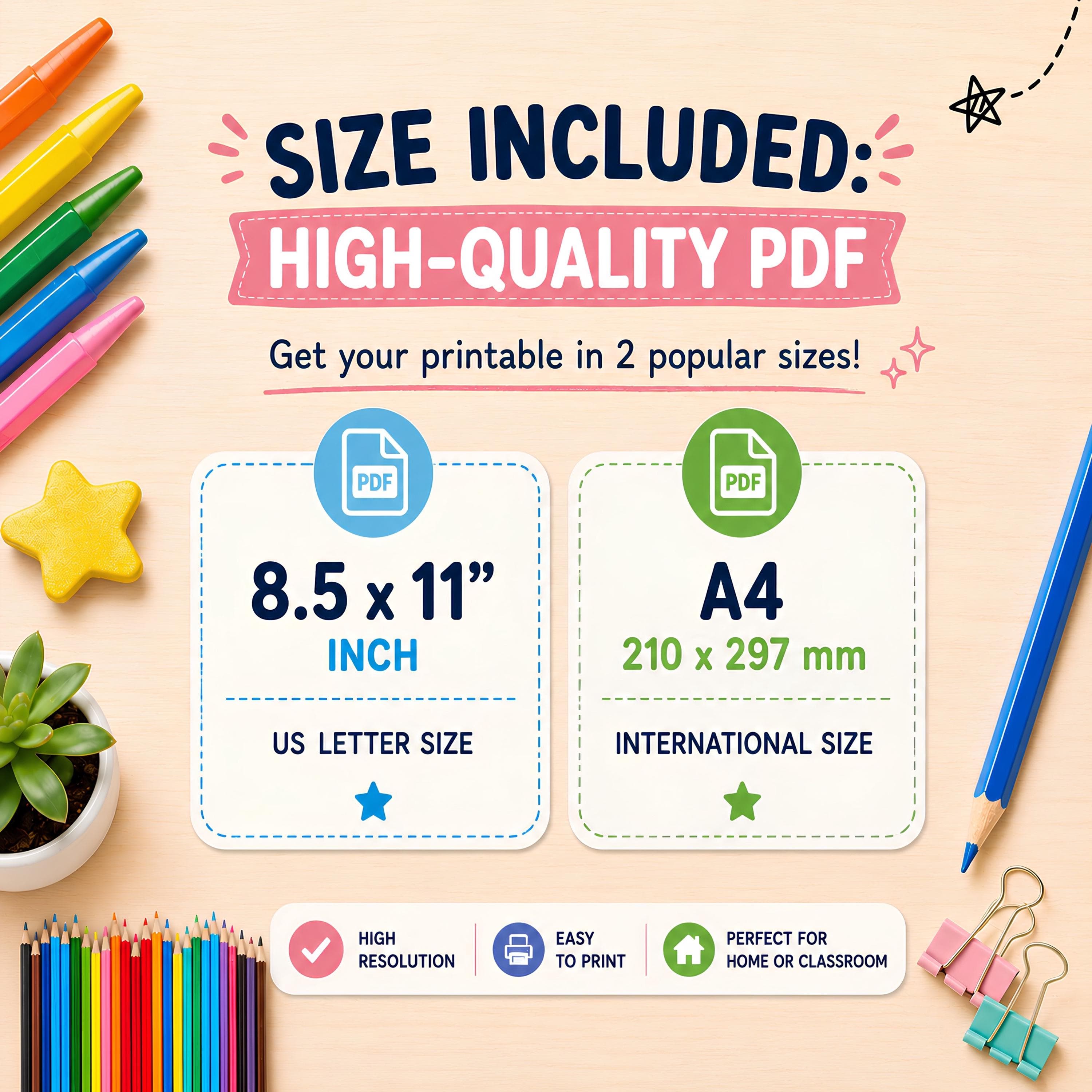 Printable worksheet size details including 8.5x11 inches and A4 high quality instant download file