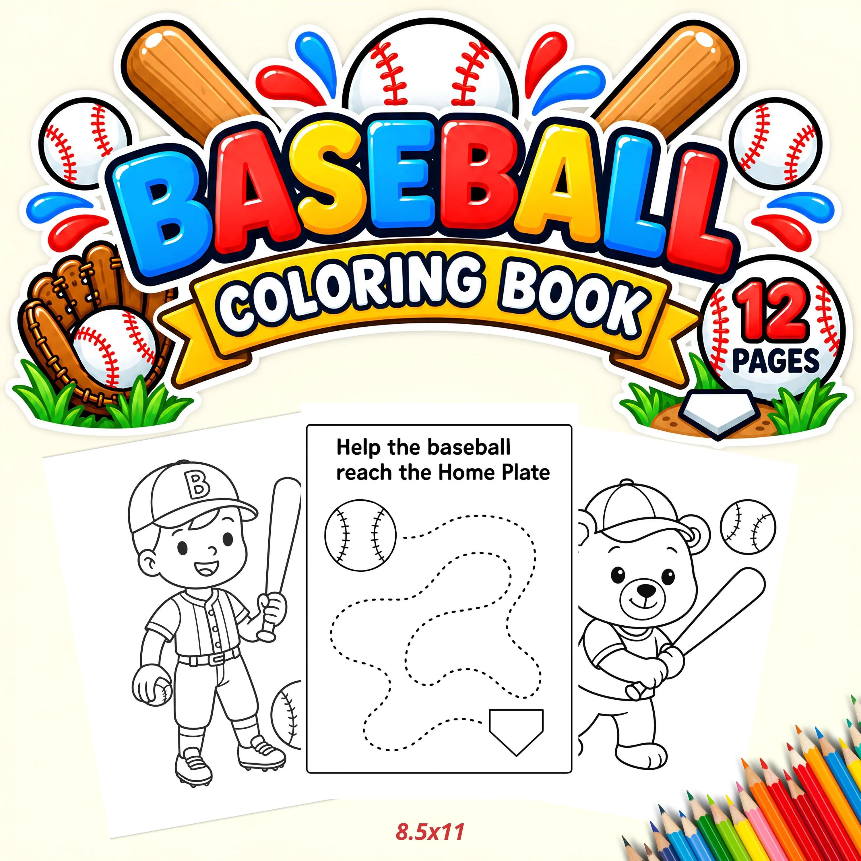 Baseball coloring book for kids with 12 printable pages, baseball players, bats, balls, and fun sports activities.