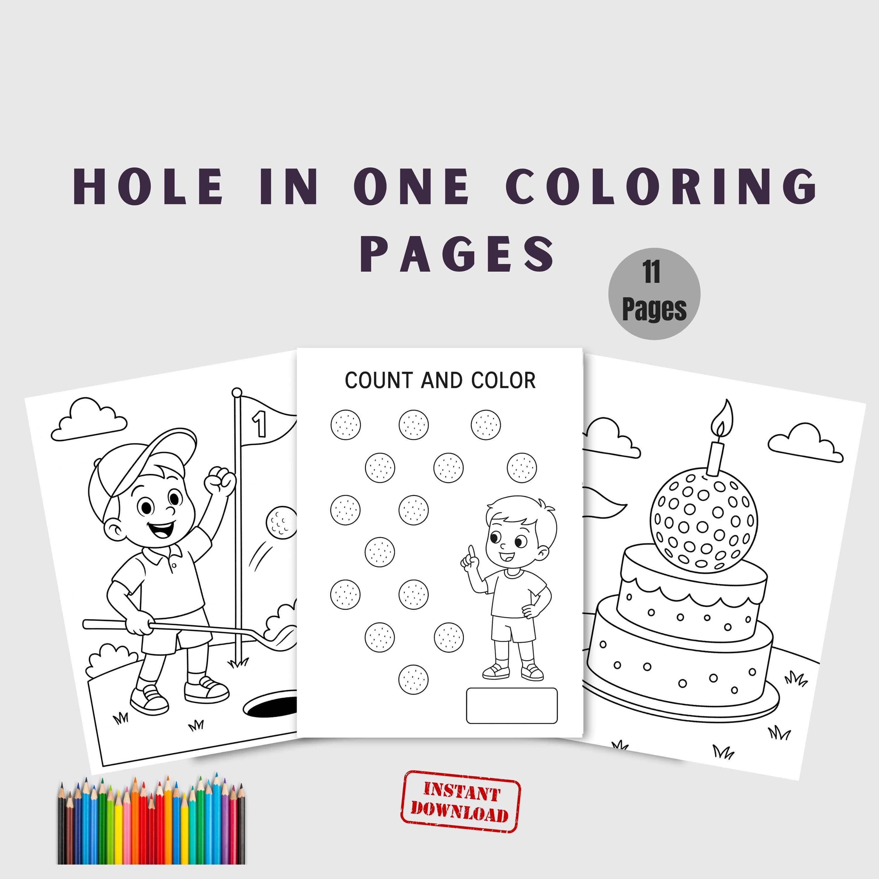 Hole in One Birthday Coloring Pages, 11 Printable Golf Party Activity Sheets, PDF Download