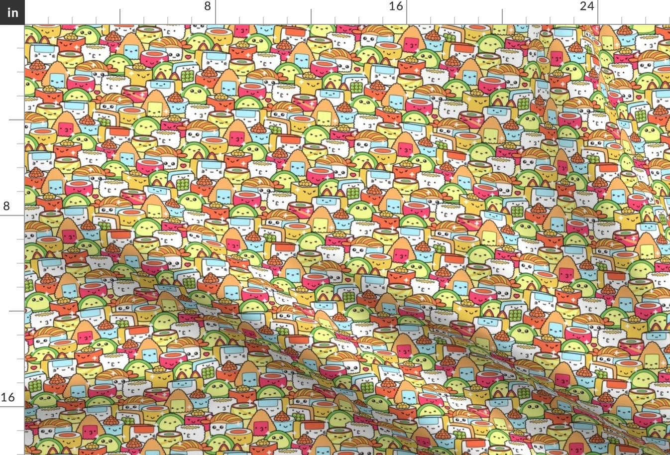 Kawaii Fabric - Colorful Kawaii Sushi By Hollybender - Food Faces Cute Kids Children Green Red Cotton Fabric By The Yard With Spoonflower