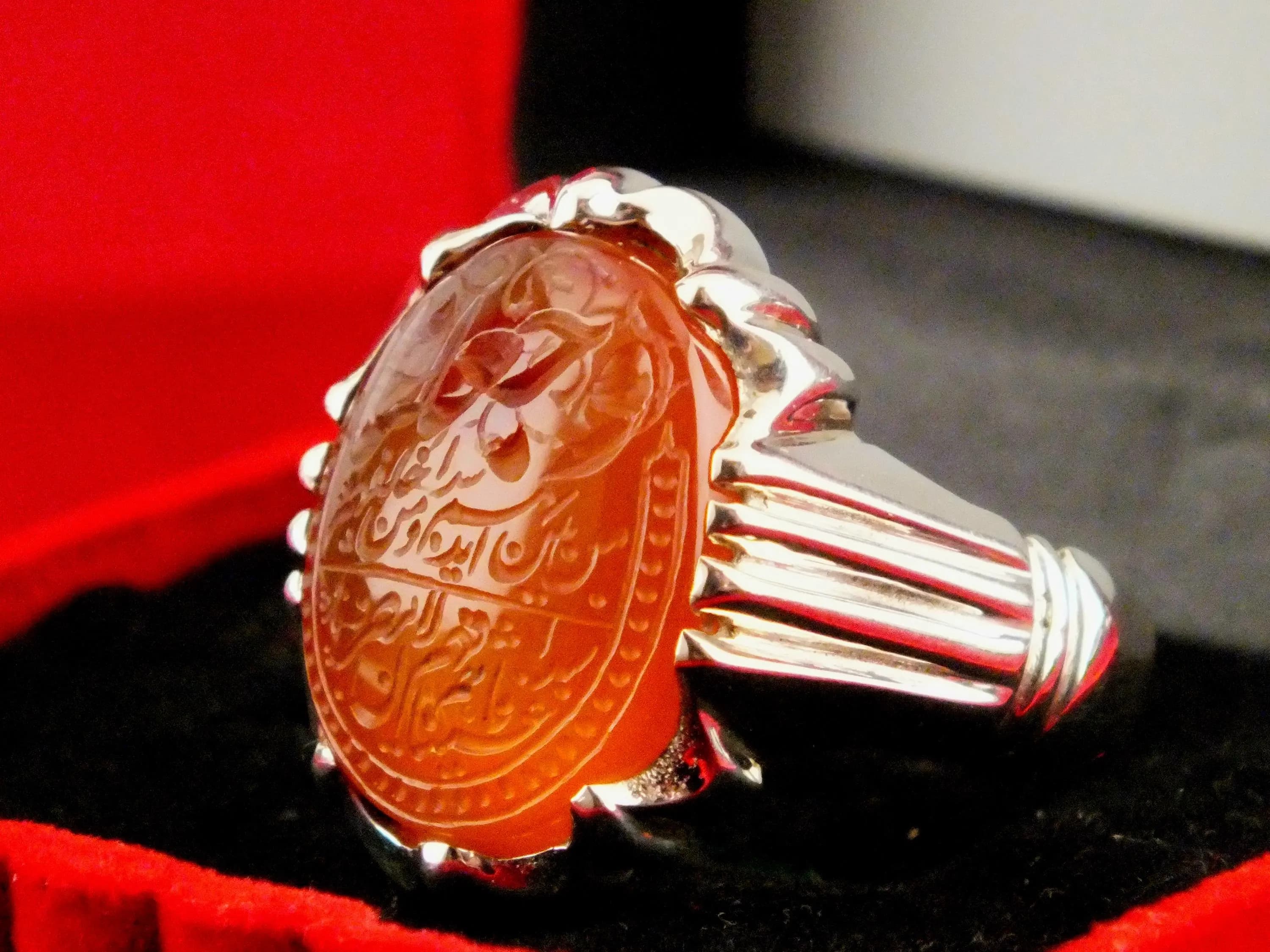Handmade Sterling Silver Yemeni Agate Ring with Islamic Script (Size 9)