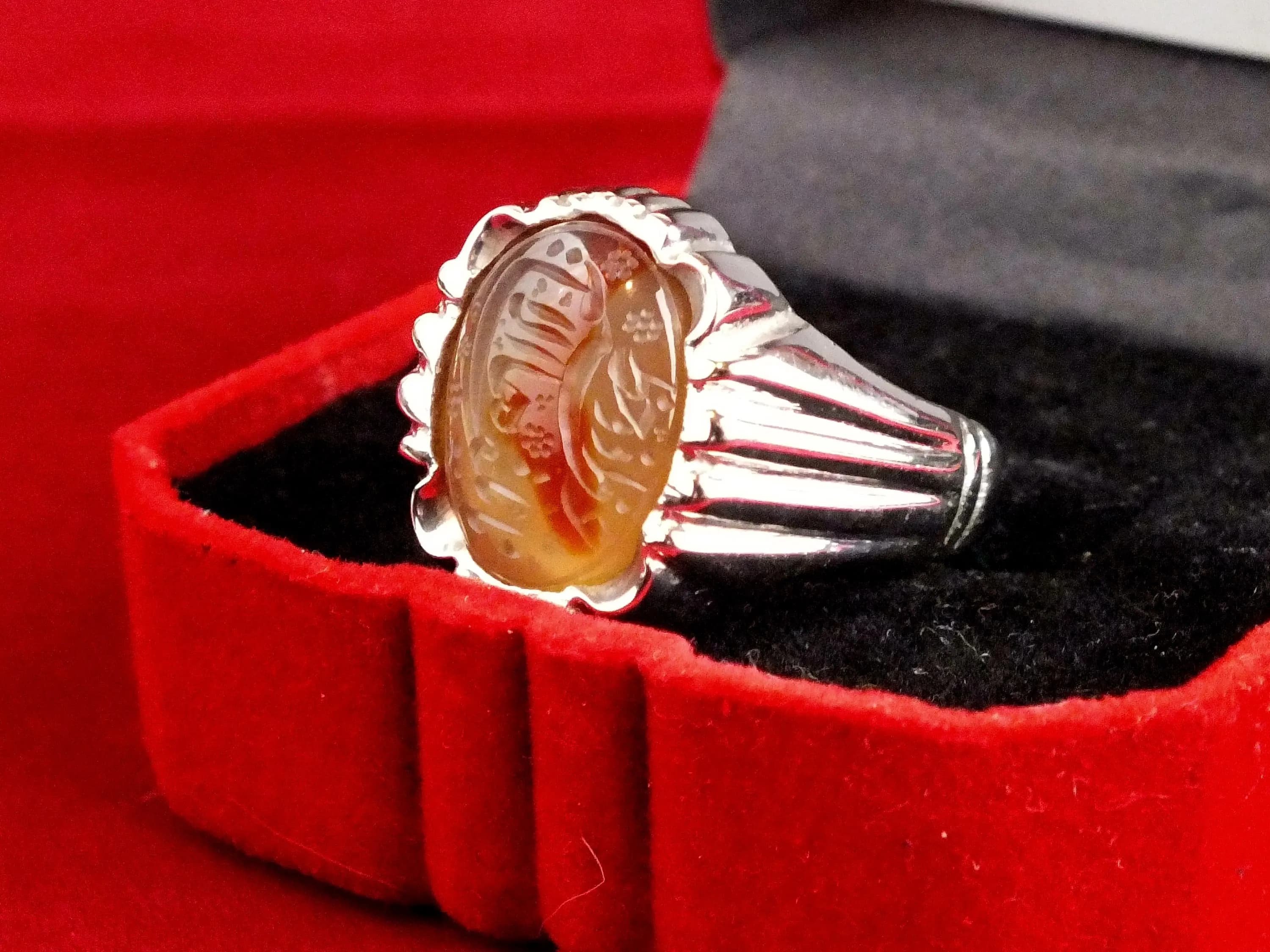 Vintage Sterling Silver yellow Yemeni Agate Ring, Engraved Arabic Calligraphy, Ottoman Style