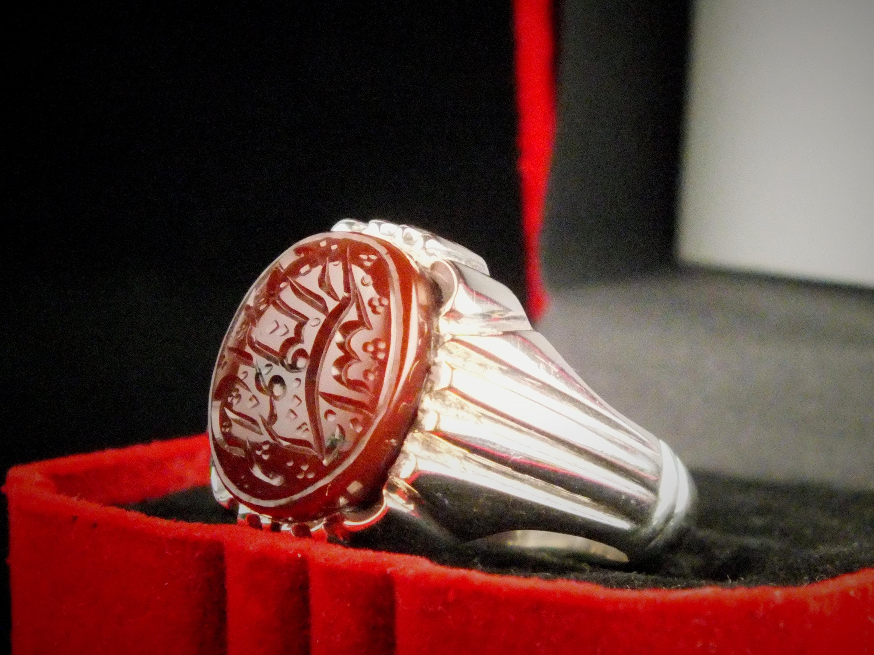 Handmade Yemeni Agate Sterling Silver Ring with Quran Engravings, Size 8