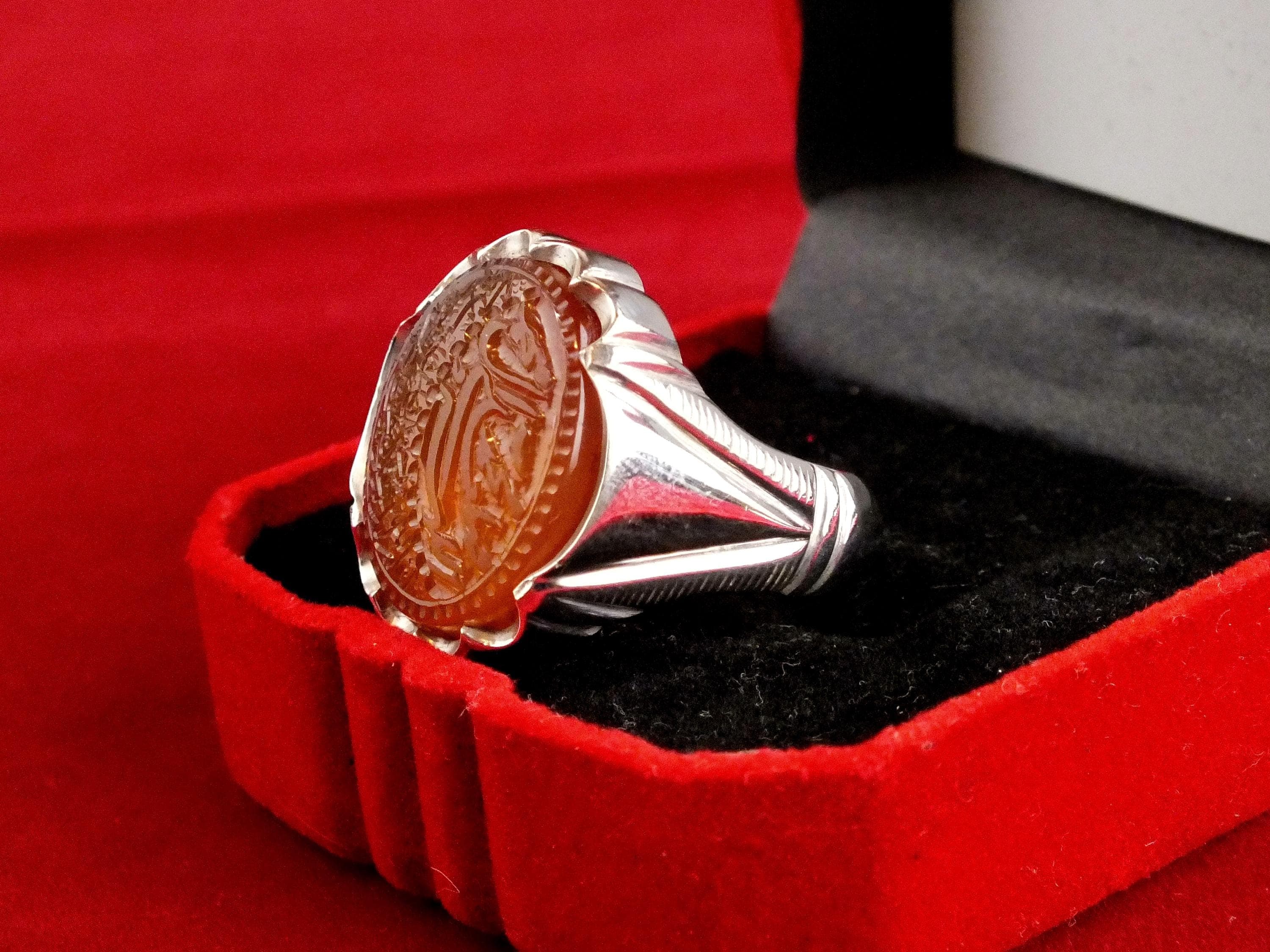Vintage Sterling Silver yellow Yemeni Agate Ring size 9, Engraved Arabic Calligraphy, Yemeni Style