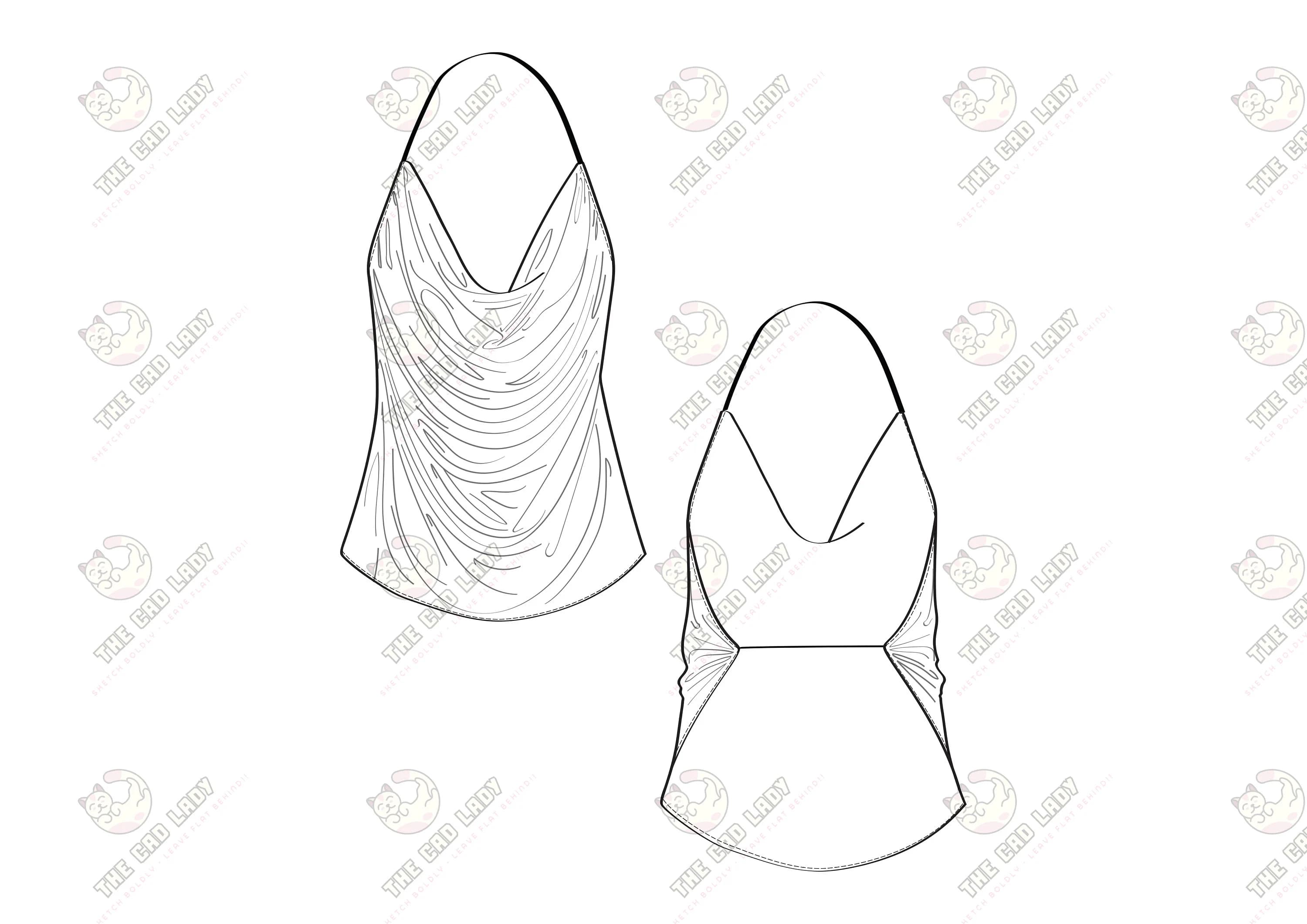Open Back Cami Fashion Flat Sketch – CAD Vector Template (ai, png, pdf)