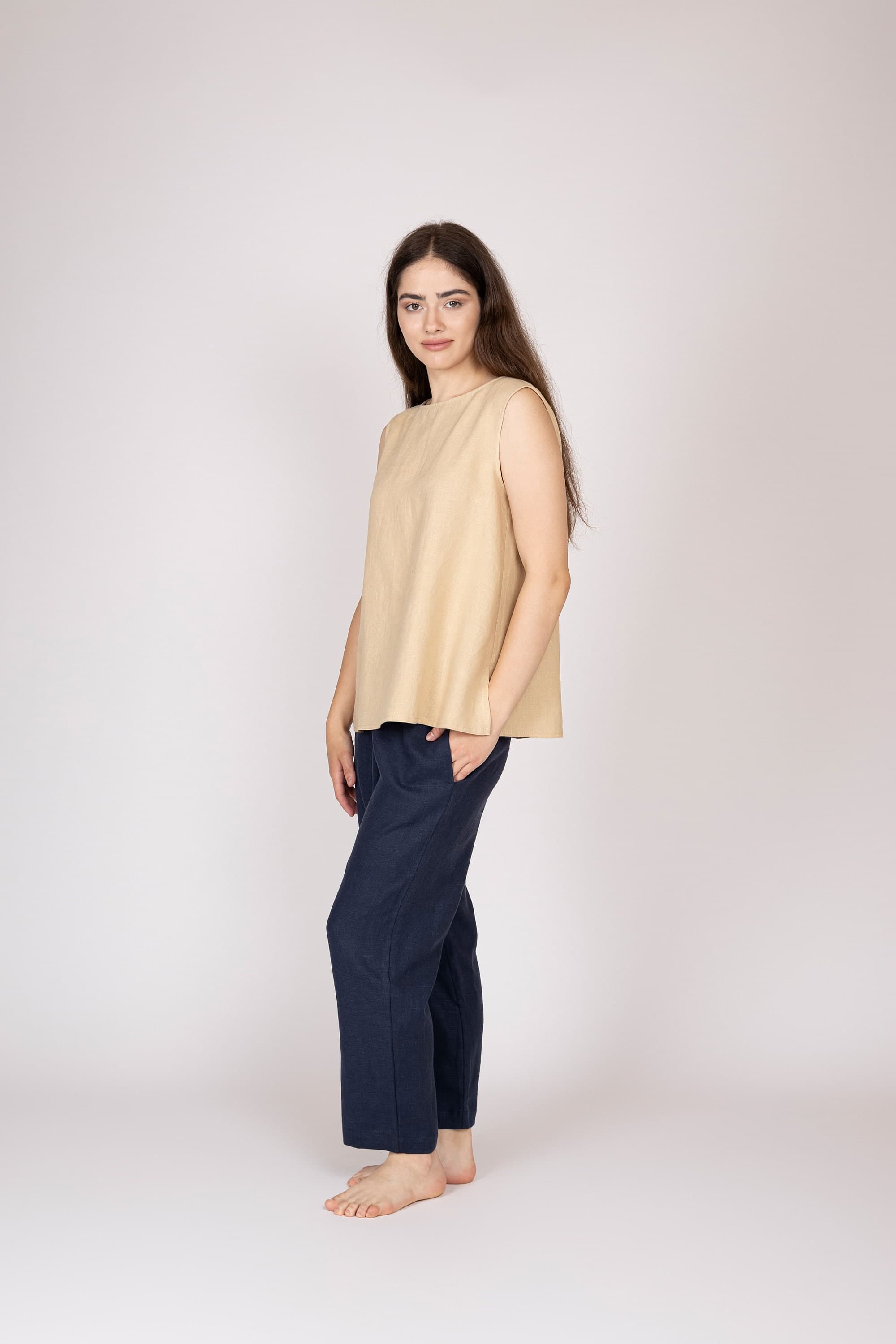 Belgian Linen Women's Sleeveless Shirt - Tan Body Color Tops Girls - Libeco Flax - 30 Colors - image 3