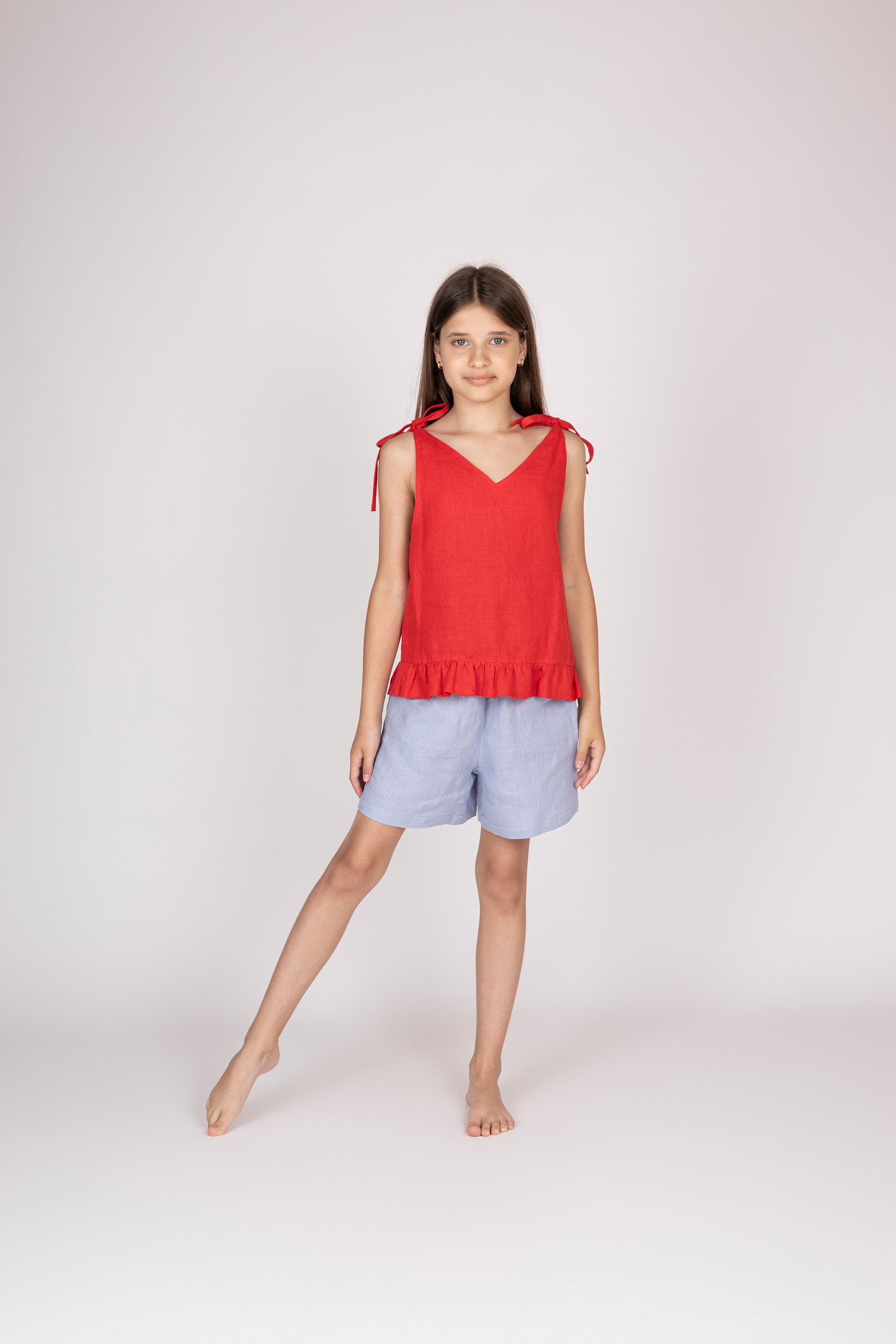Belgian Linen Kid's Top - Sleeveless Summer Shirt - Bows on Shoulders - 30 Colors