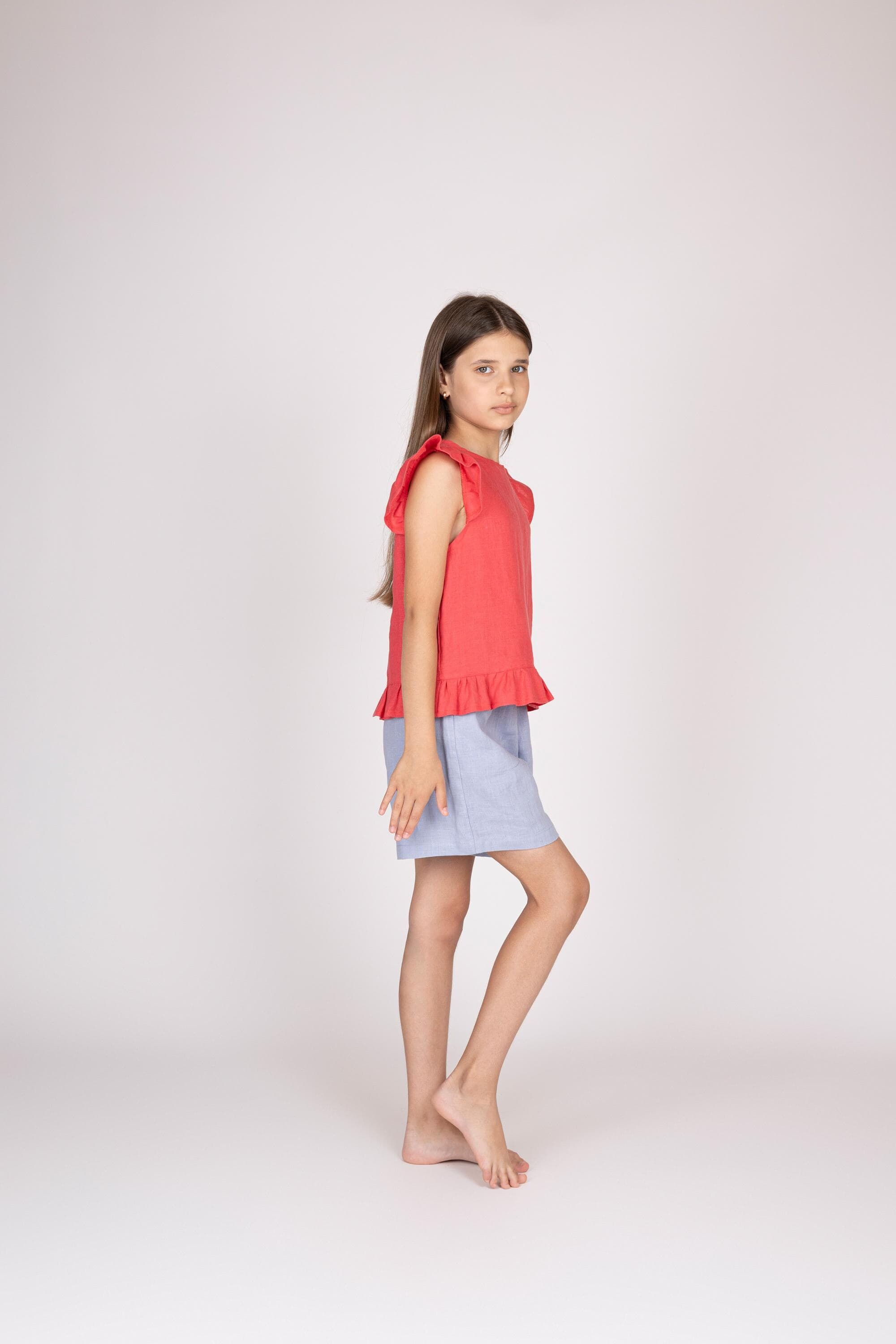Belgian Linen Kids' Top - Flutter Sleeves Girls Shirt - Ruffle Flare Tops - 30 Colors - image 3