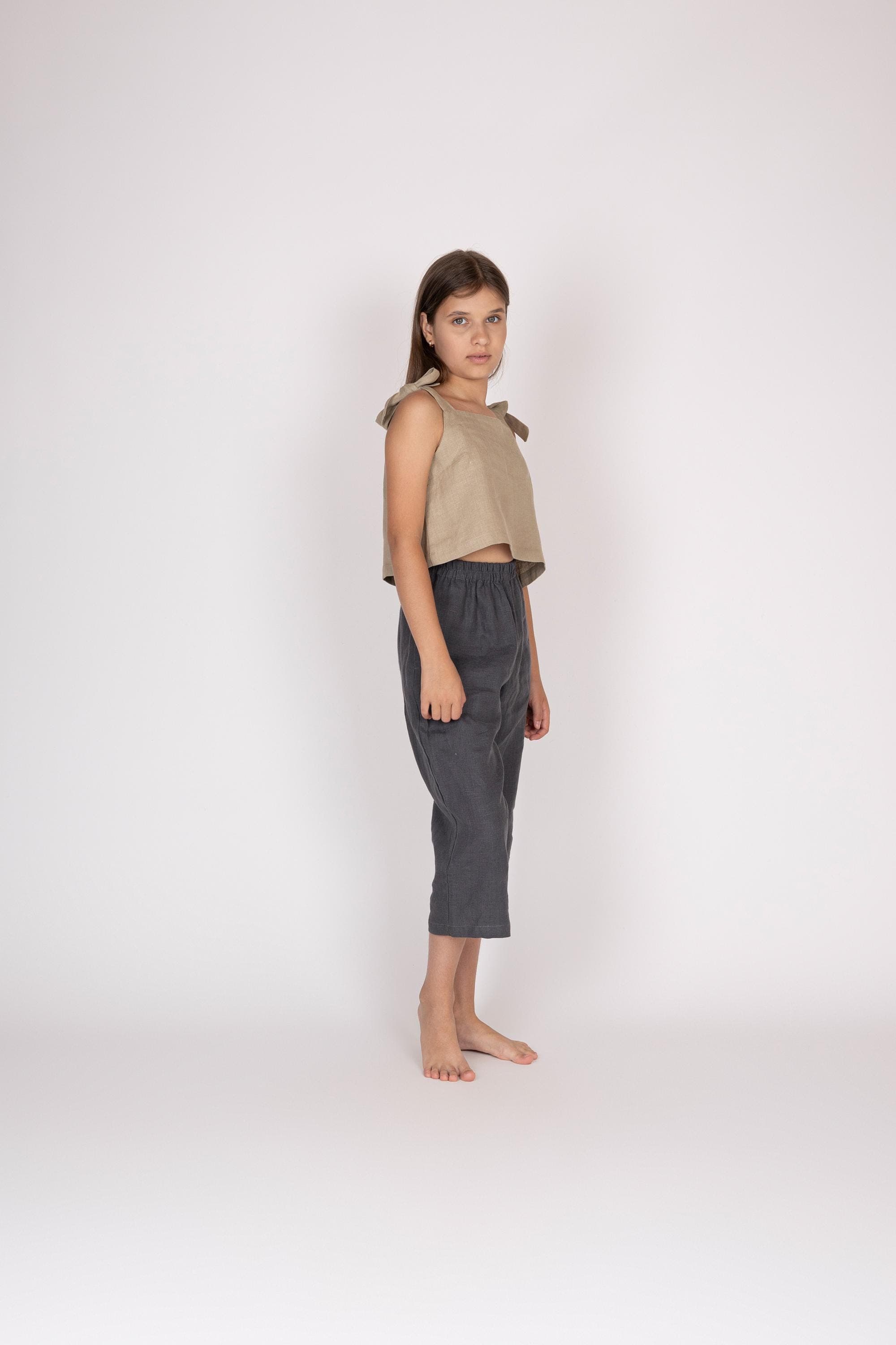 Belgian Linen Kids Crop Top - Sleeveless Tee for Children - Designer Tops - 30 Colors - image 3