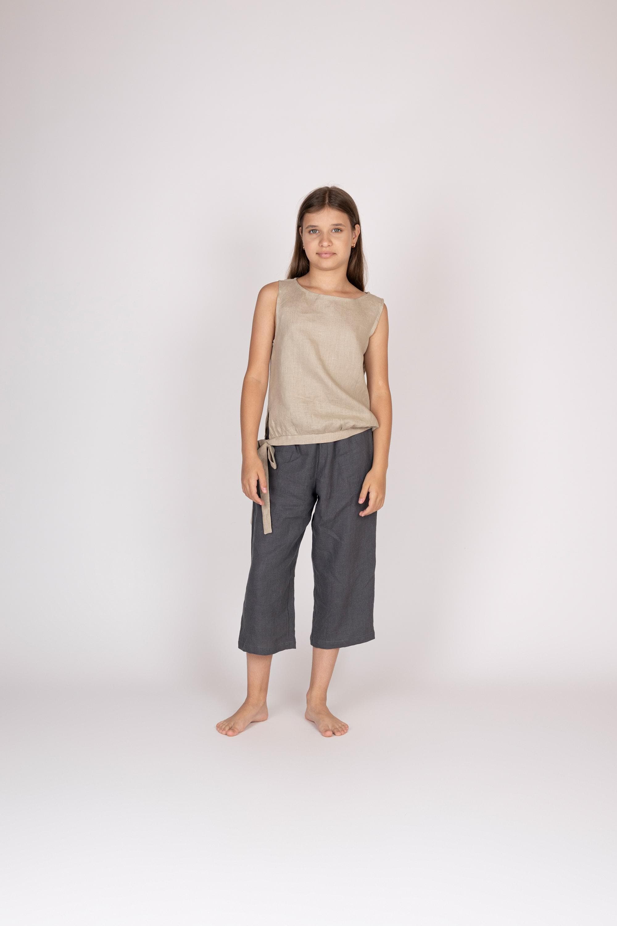 Belgian Linen Kid' s Top - Natural Soft Blouse - Teen Shirt Side Bow - 30 Colors