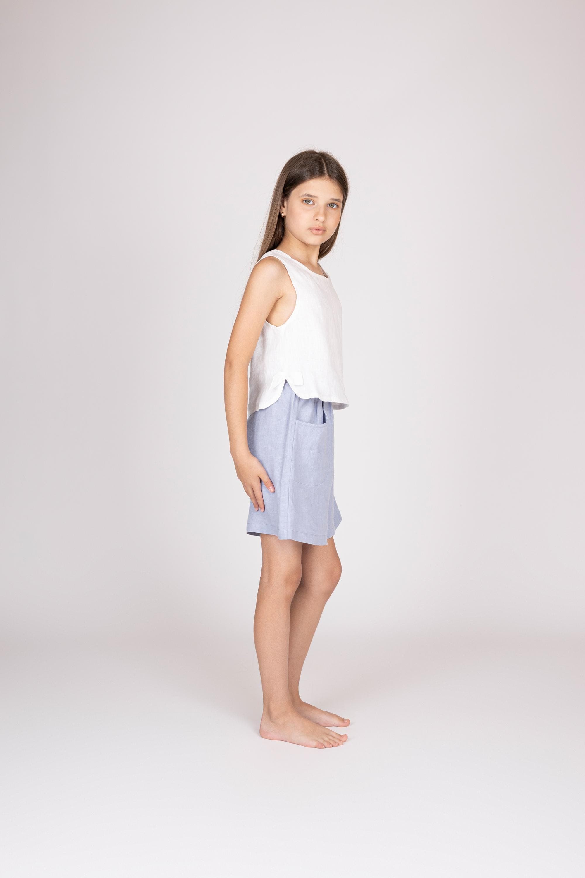 Belgian Linen Kids' Short Top - White Stone Washed - Cropped No Sleeve Shirt - 30 Colors - image 3