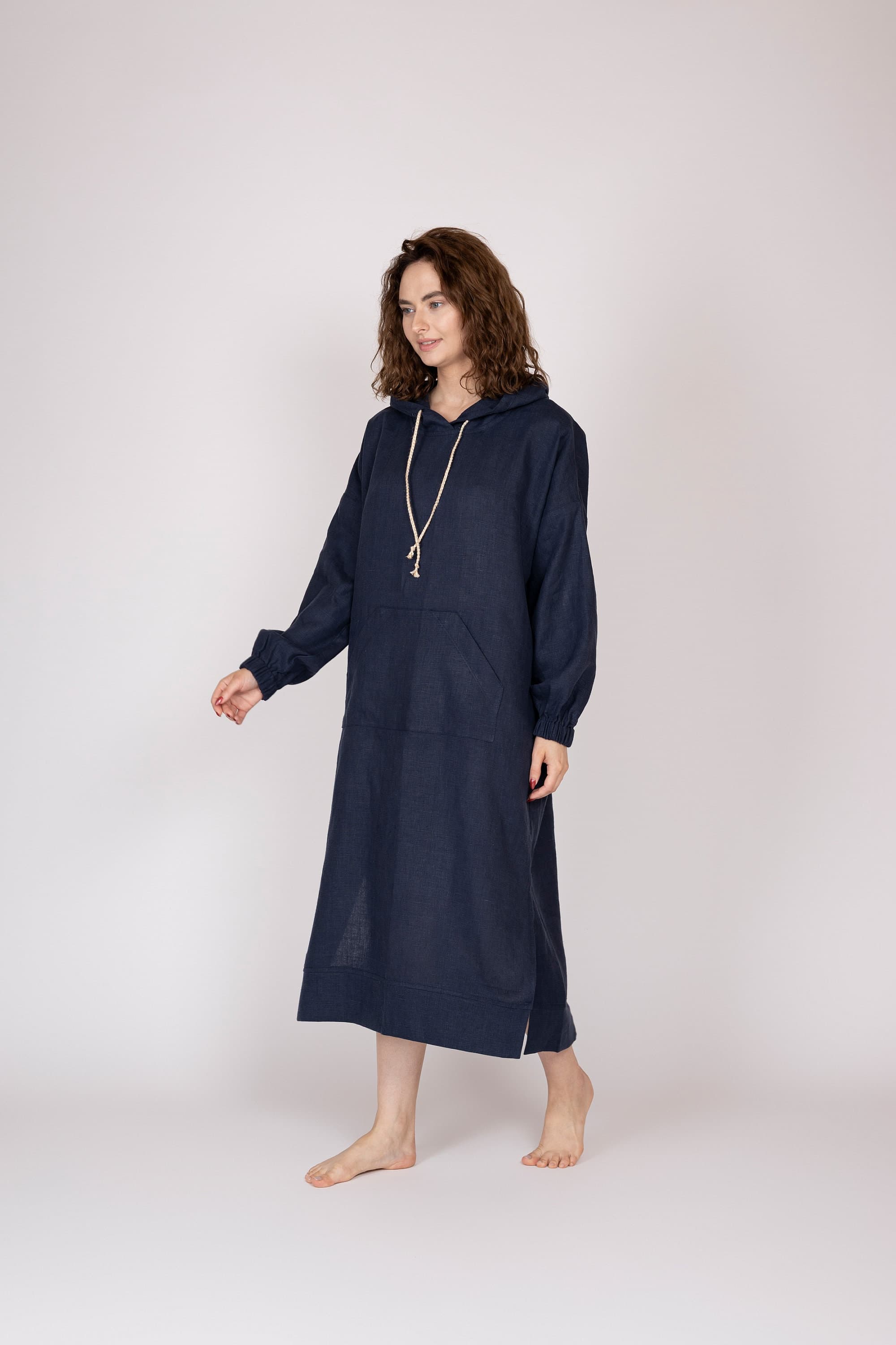 Belgian Linen Hoodie Dress - Stone Washed Long Jersey - Gothic Style Dress - 30 Colors - image 3