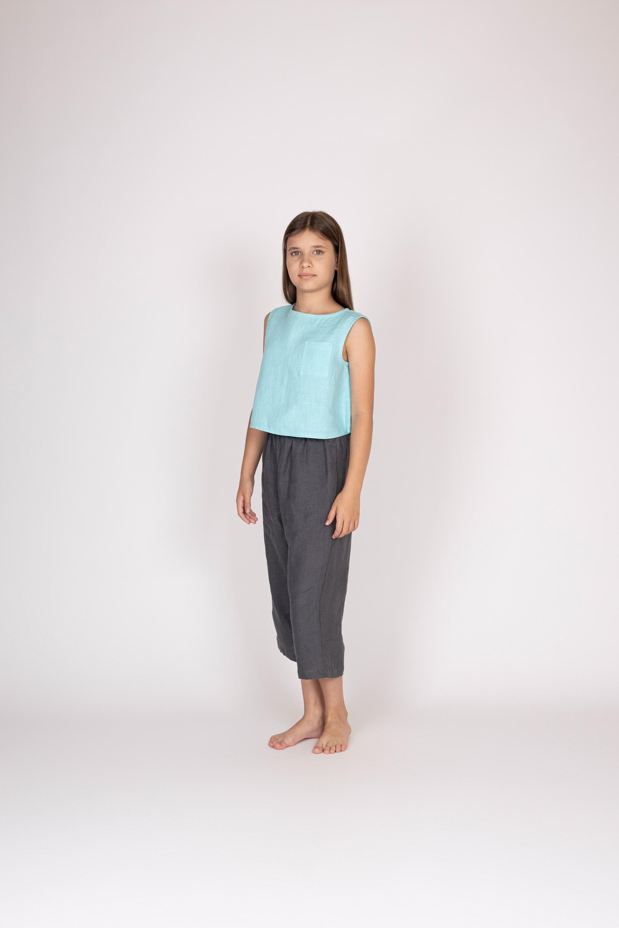 Belgian Linen Kids' Tee - Sleeveless Crop Top - Tank Shirt for Girls - 30 Colors - image 3