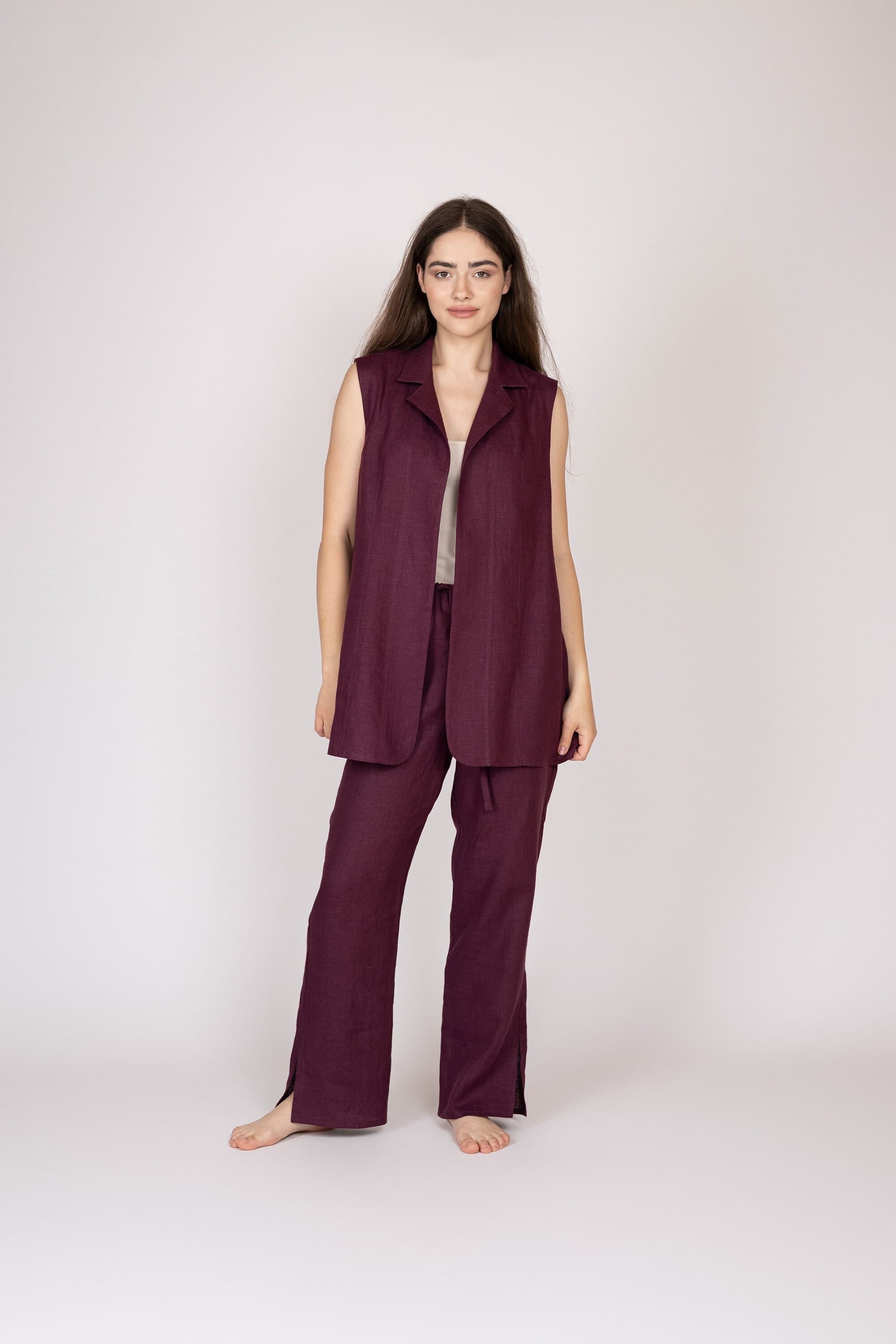 Belgian Linen Women's Elegant Set - Casual Loungewear - Sleeveless Jacket with Pants - 30 Colors - image 5