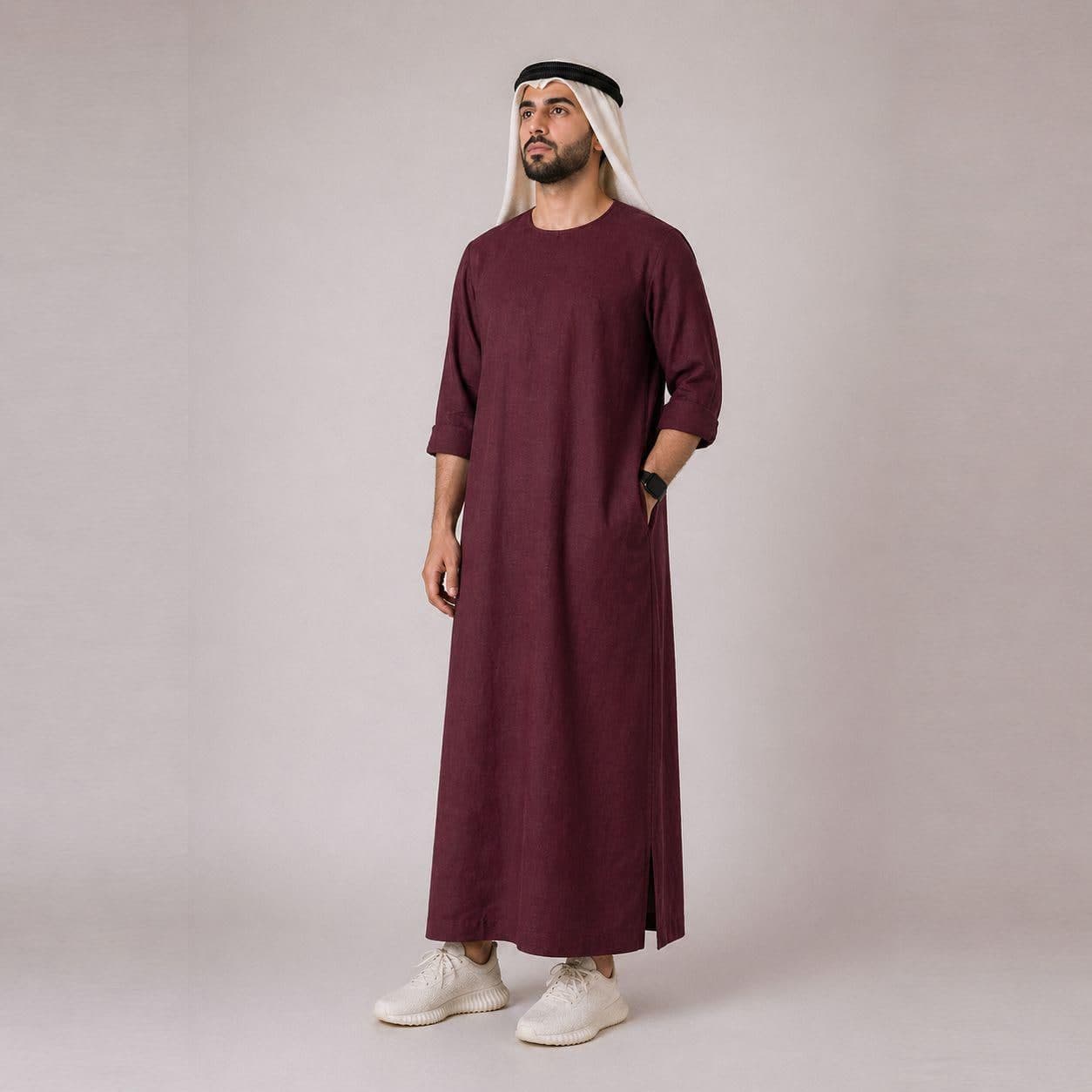 Belgian Linen Men's Kaftan - Burgundy Thobe - Breathable Linen Menswear - Summer Jubba - 30 Colors