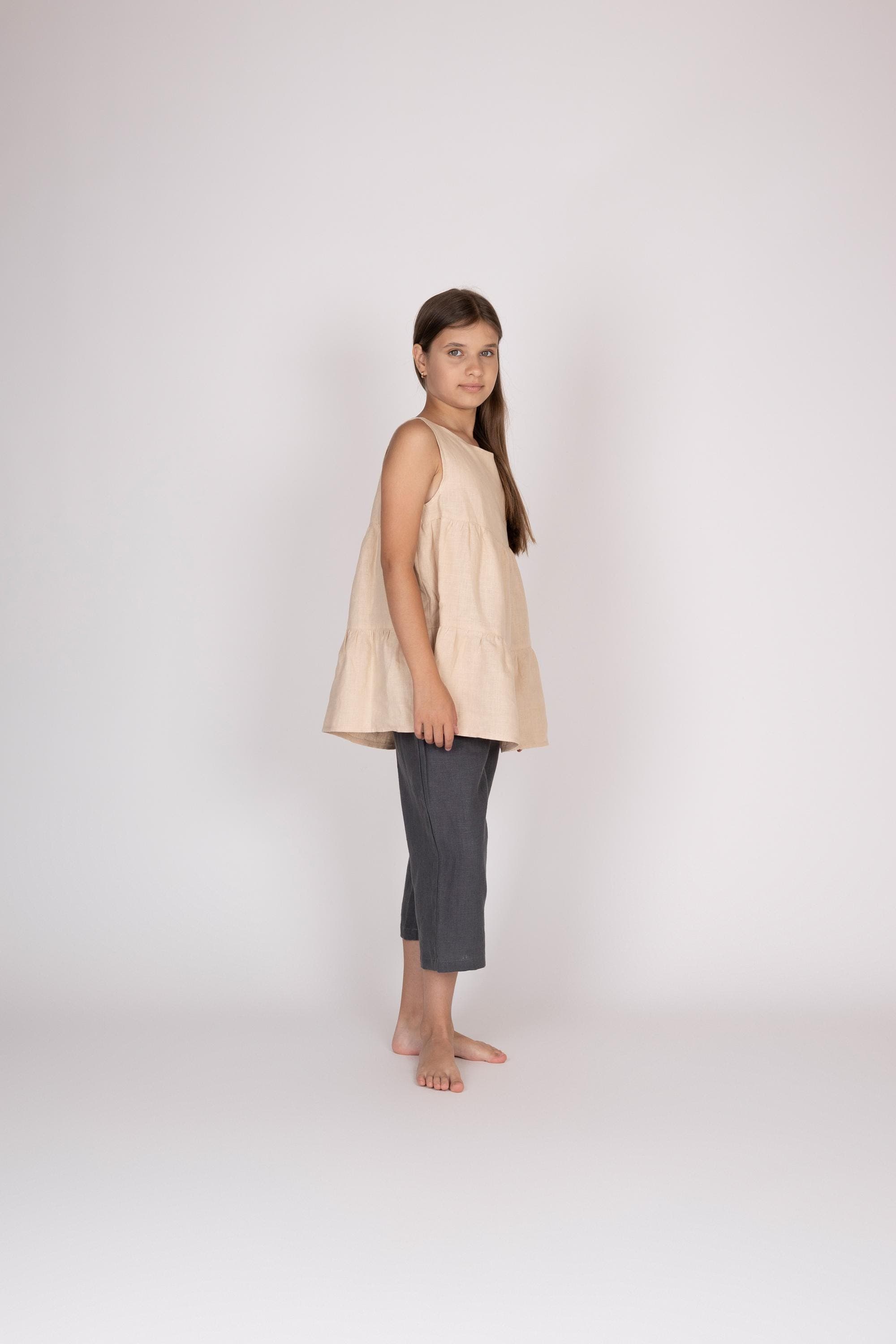 Belgian Linen Girls' Top - Summer Blouse without Sleeves - Flare Layered Style - 30 Colors - image 3