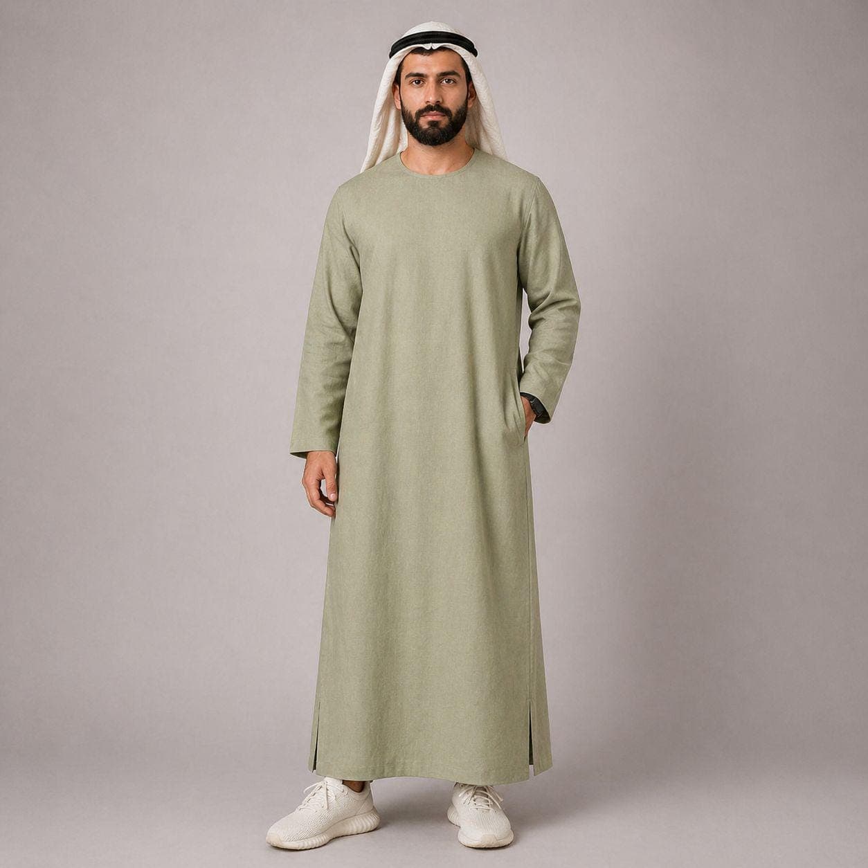 Belgian Linen Men's Thobe - Olive Color - Long Bisht - Plain Linen Kaftan - Urban Kaftans Men - image 3
