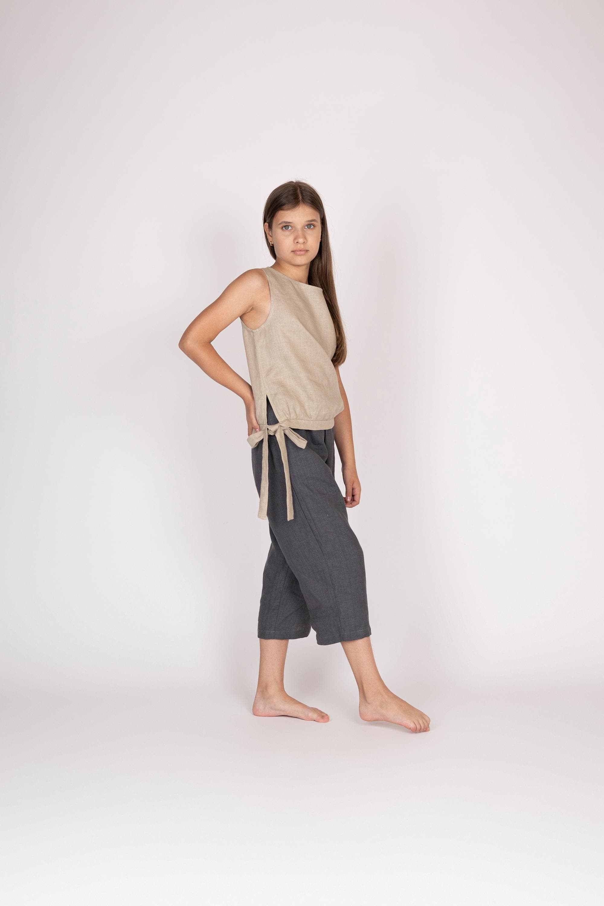 Belgian Linen Kid' s Top - Natural Soft Blouse - Teen Shirt Side Bow - 30 Colors - image 3