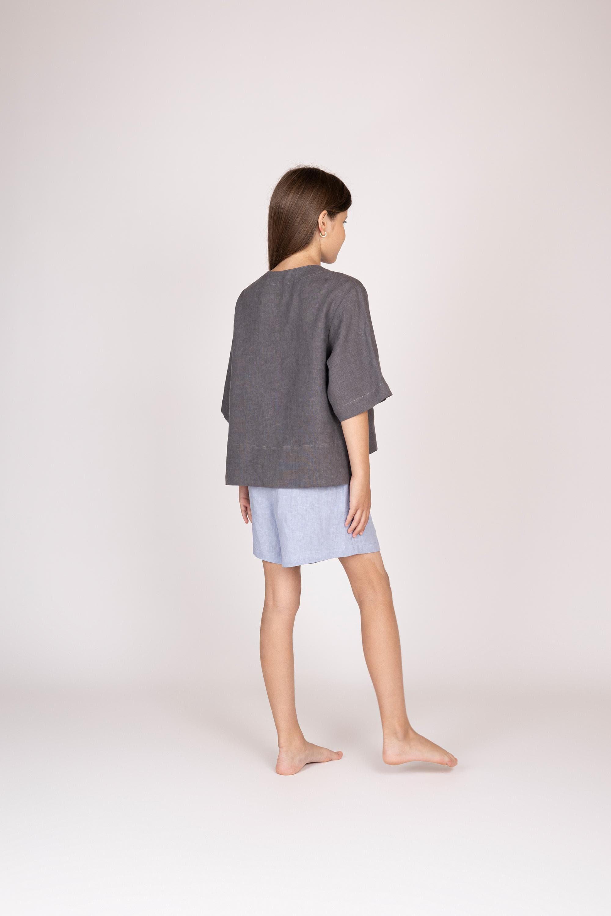 Belgian Linen Kids Half Sleeve Top - Graphite Gray Soft Silky Girls' Shirt - 30 Colors - image 4